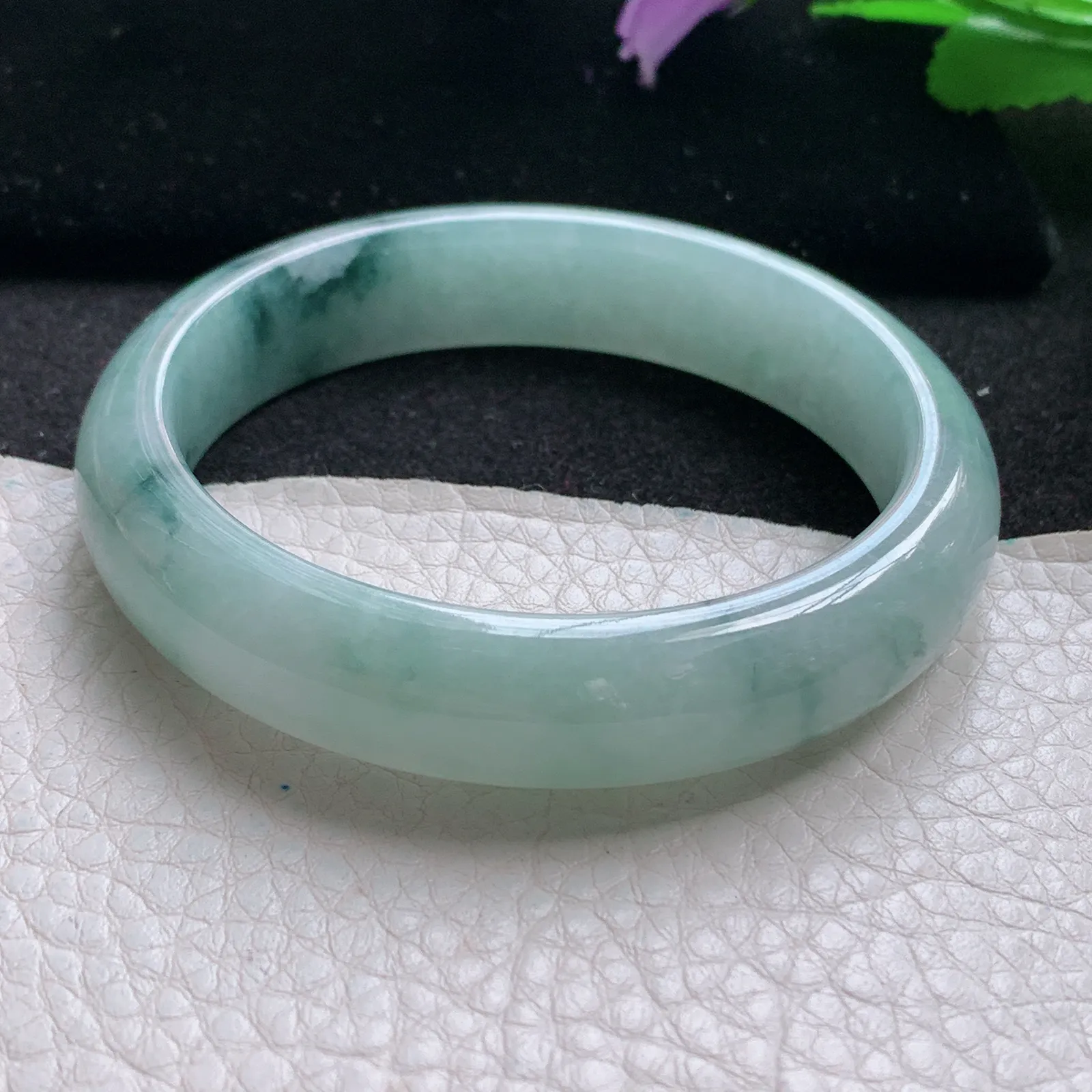 xx自然光56*13*7.7平安镯 缅甸翡翠a货玉手镯冰飘花厚装宽边玉手环