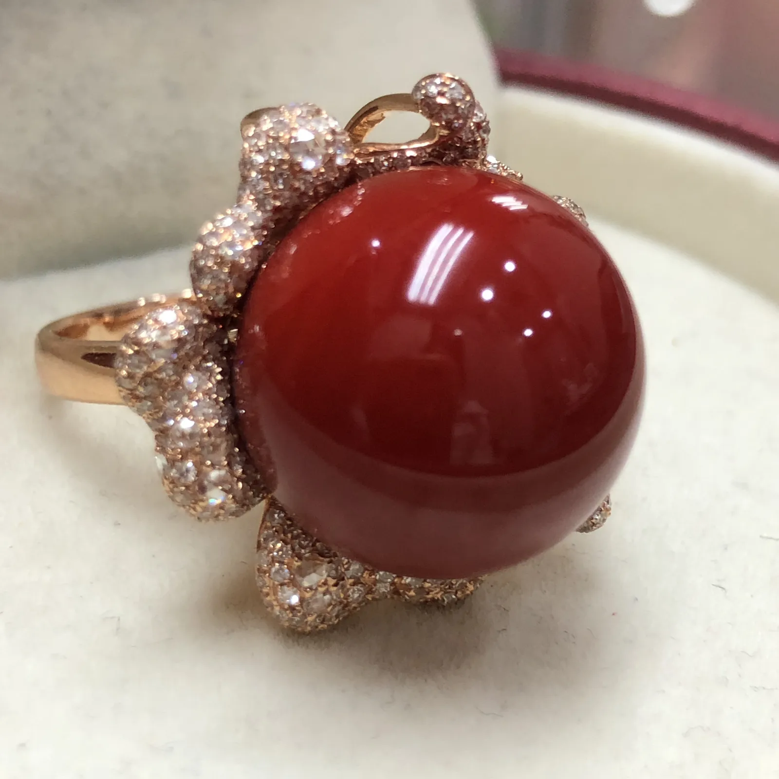 【天然日本阿卡牛血红珊瑚17.3mm豪华大圆珠戒指吊坠两用款】️遇不可求！豪华款！戒指吊坠两用款！天然无添加无优化，日本产地，阿卡材料，牛血红颜色，18K真金钻石满钻两用款豪华镶嵌！裸石尺寸17.3*17.3*17.3mm，整体尺寸24.6*24.3*20.2mm，重量为17.59克。圈口直径为18.2，圈口号为16.5，玻璃光泽强，具有收藏价值！