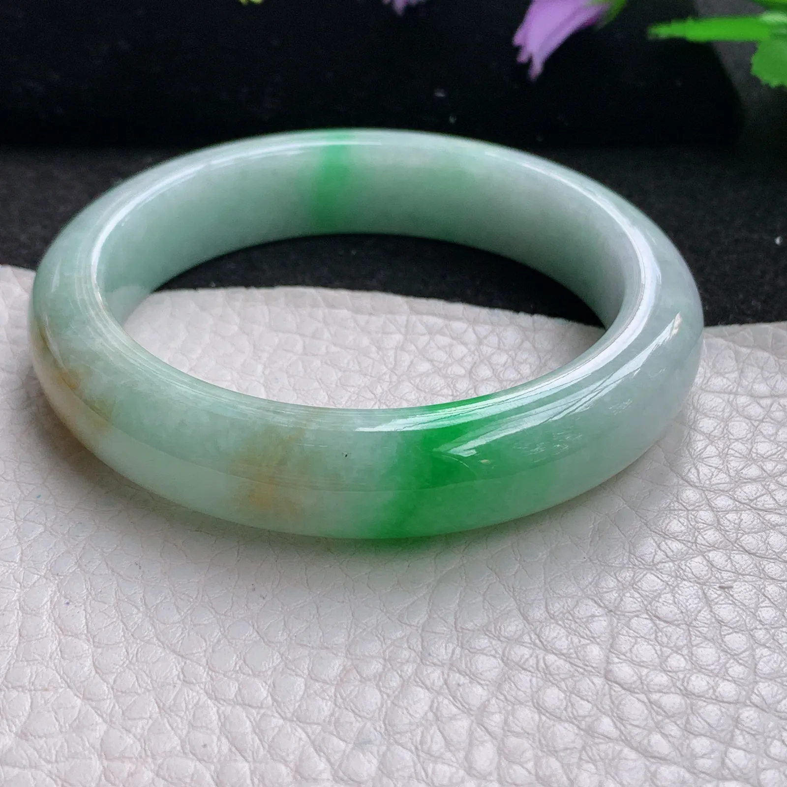 mq自然光56*12.8*8.8平安镯 缅甸翡翠玉手镯水润三彩厚装玉手环