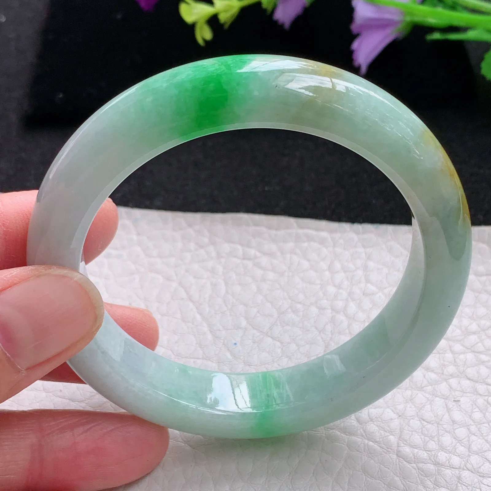 mq自然光56*12.8*8.8平安镯 缅甸翡翠玉手镯水润三彩厚装玉手环