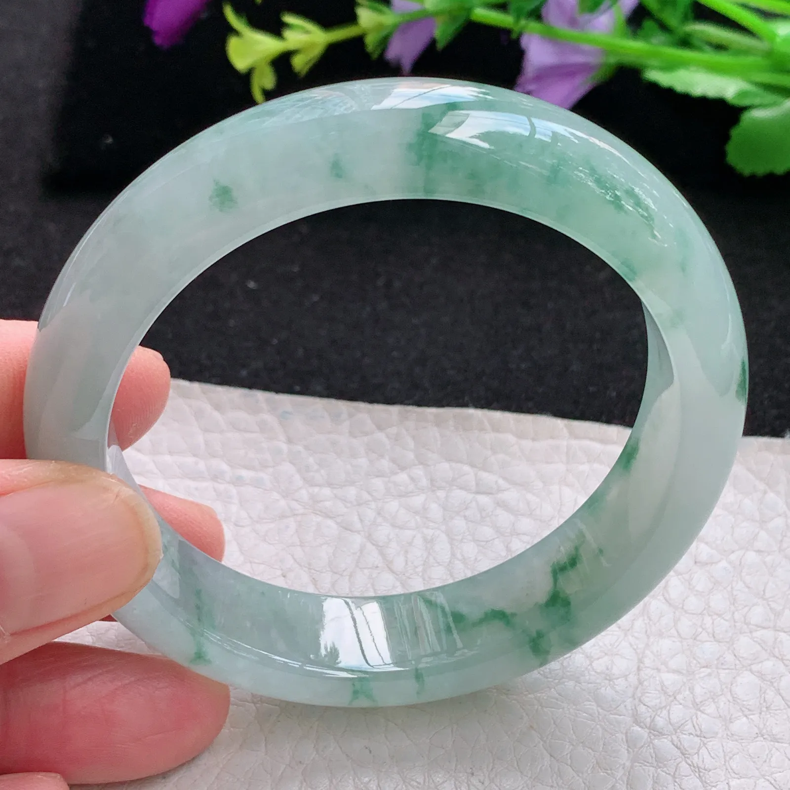 xh自然光55*13.5*8.2平安镯 缅甸翡翠a货玉手镯冰胶水灵飘花宽边玉手环