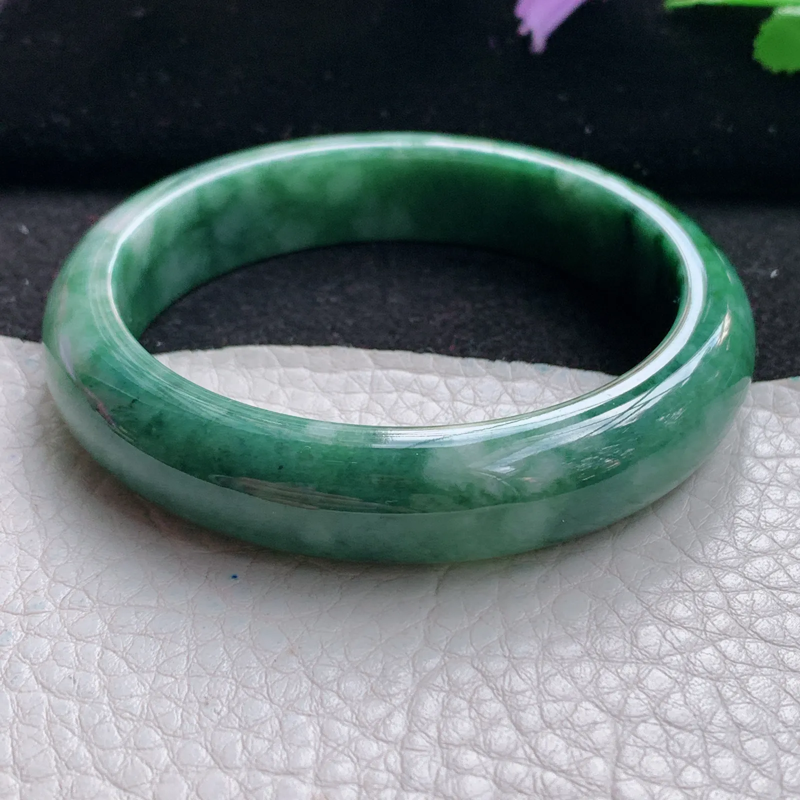 pj自然光57*12.6*7.8平安镯 缅甸翡翠a货玉手镯飘花韵味宽边玉手环