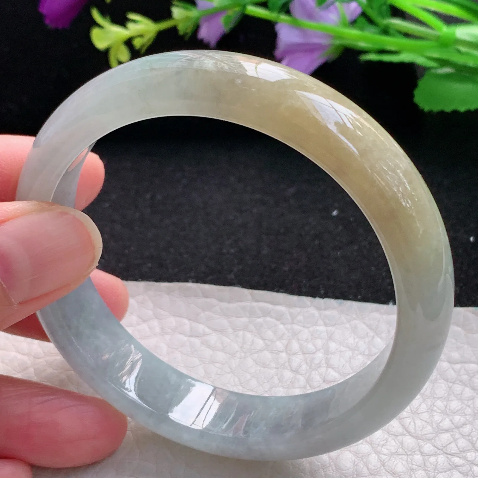 js自然光58*13.5*7.6平安镯 缅甸翡翠玉手镯冰双彩清爽宽边玉手环