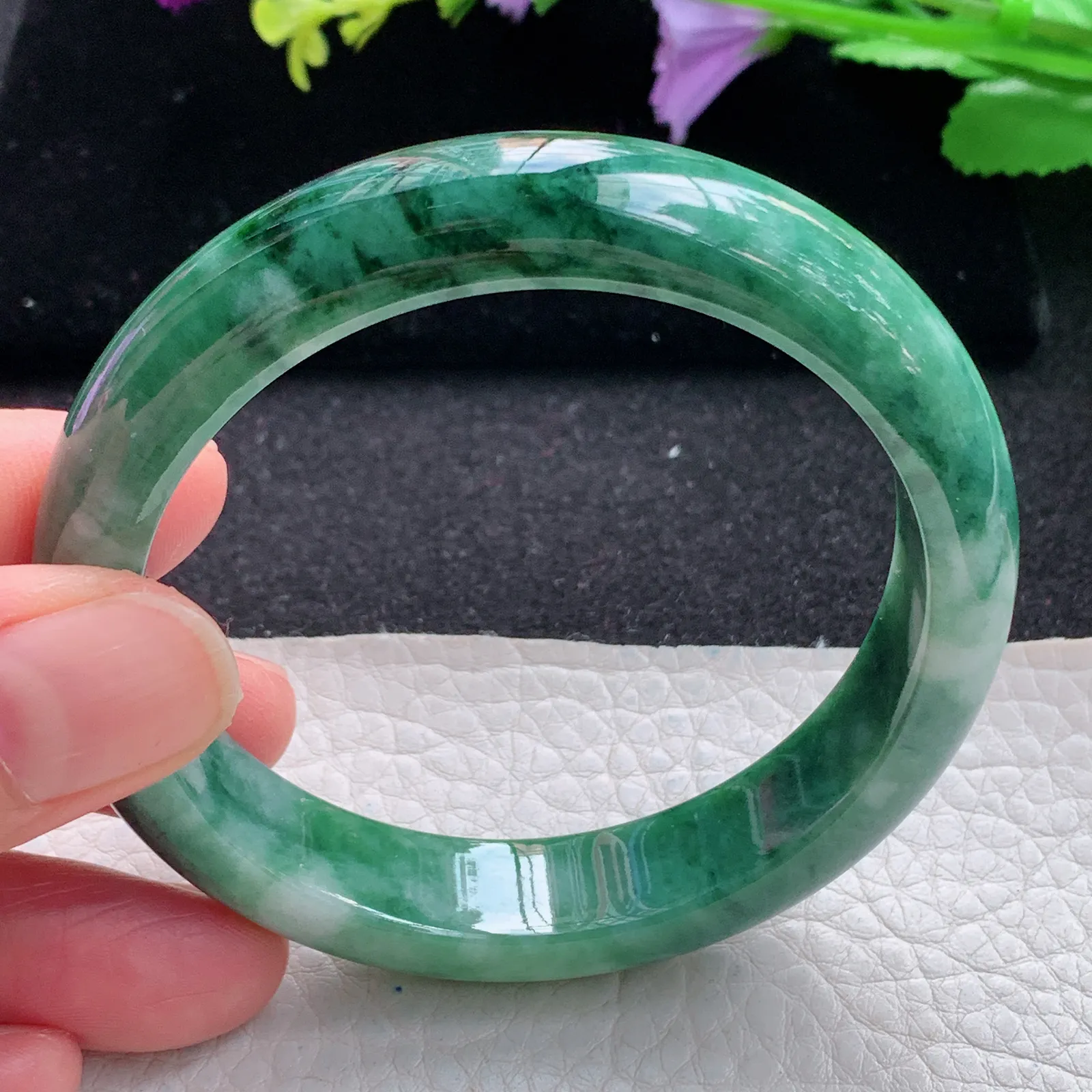 pj自然光57*12.6*7.8平安镯 缅甸翡翠a货玉手镯飘花韵味宽边玉手环