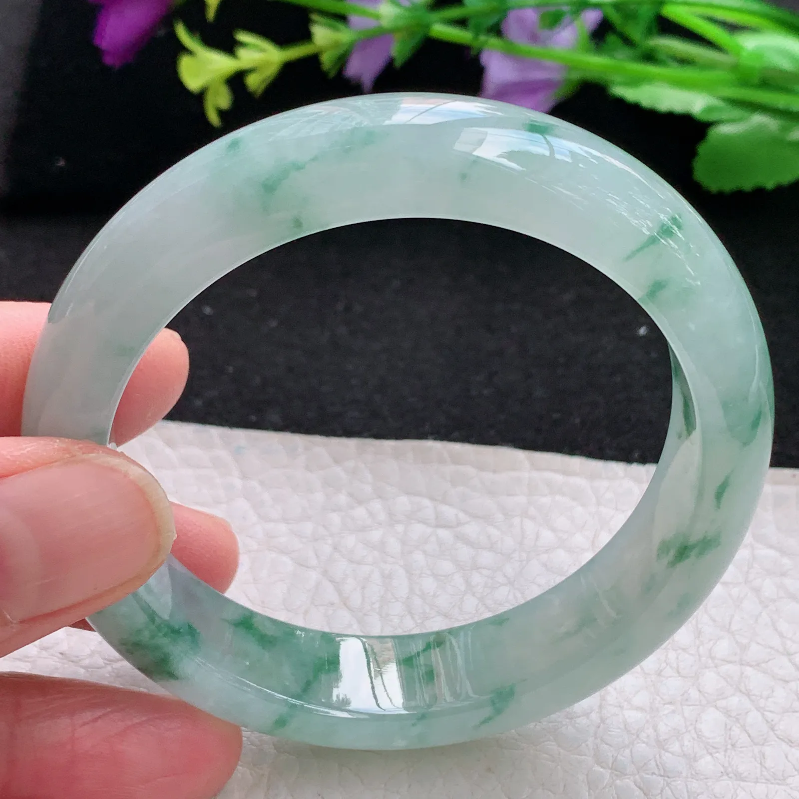 xh自然光55*13.5*8.2平安镯 缅甸翡翠a货玉手镯冰胶水灵飘花宽边玉手环