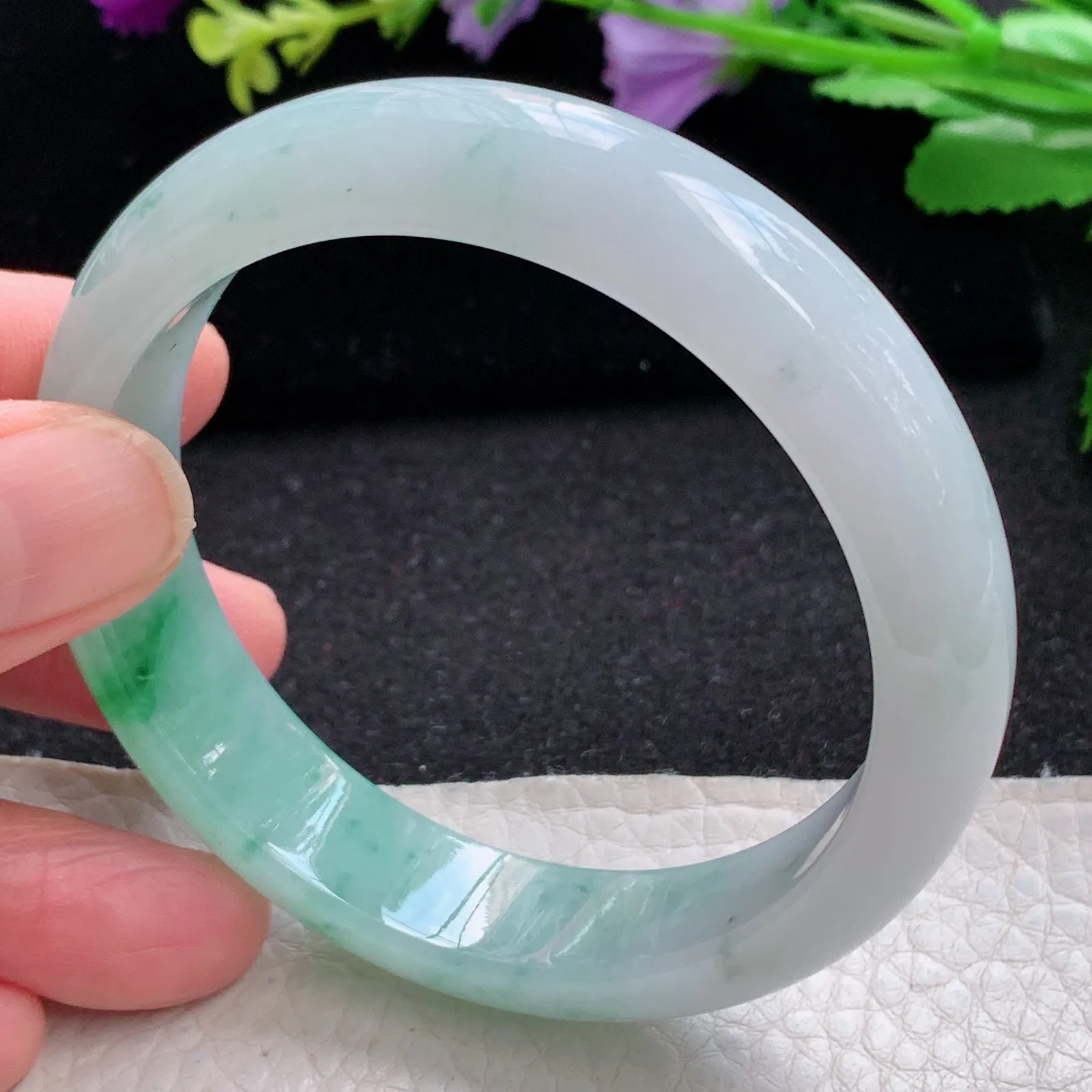 xh自然光56.5*13.5*7.7平安镯 缅甸翡翠a货玉手镯冰飘绿花水灵宽边玉手环