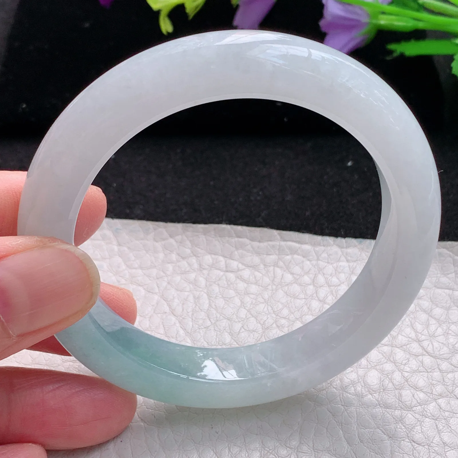 r自然光54.5*11.3*9平安镯 缅甸翡翠玉手镯冰胶蓝韵高档宽边玉手环 美人镯