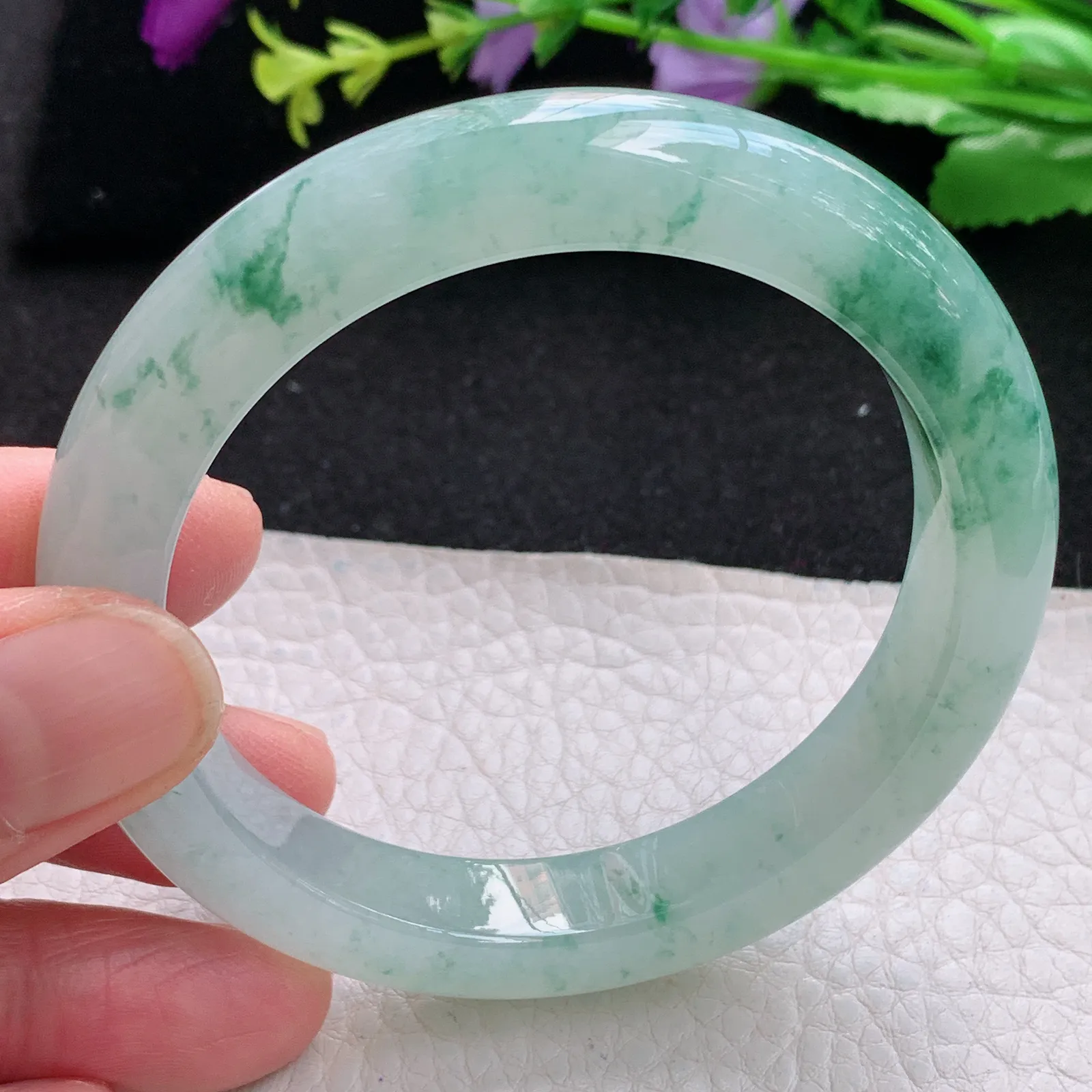 xh自然光56.5*11*9平安镯 缅甸翡翠a货玉手镯冰胶厚装飘花宽边玉手环