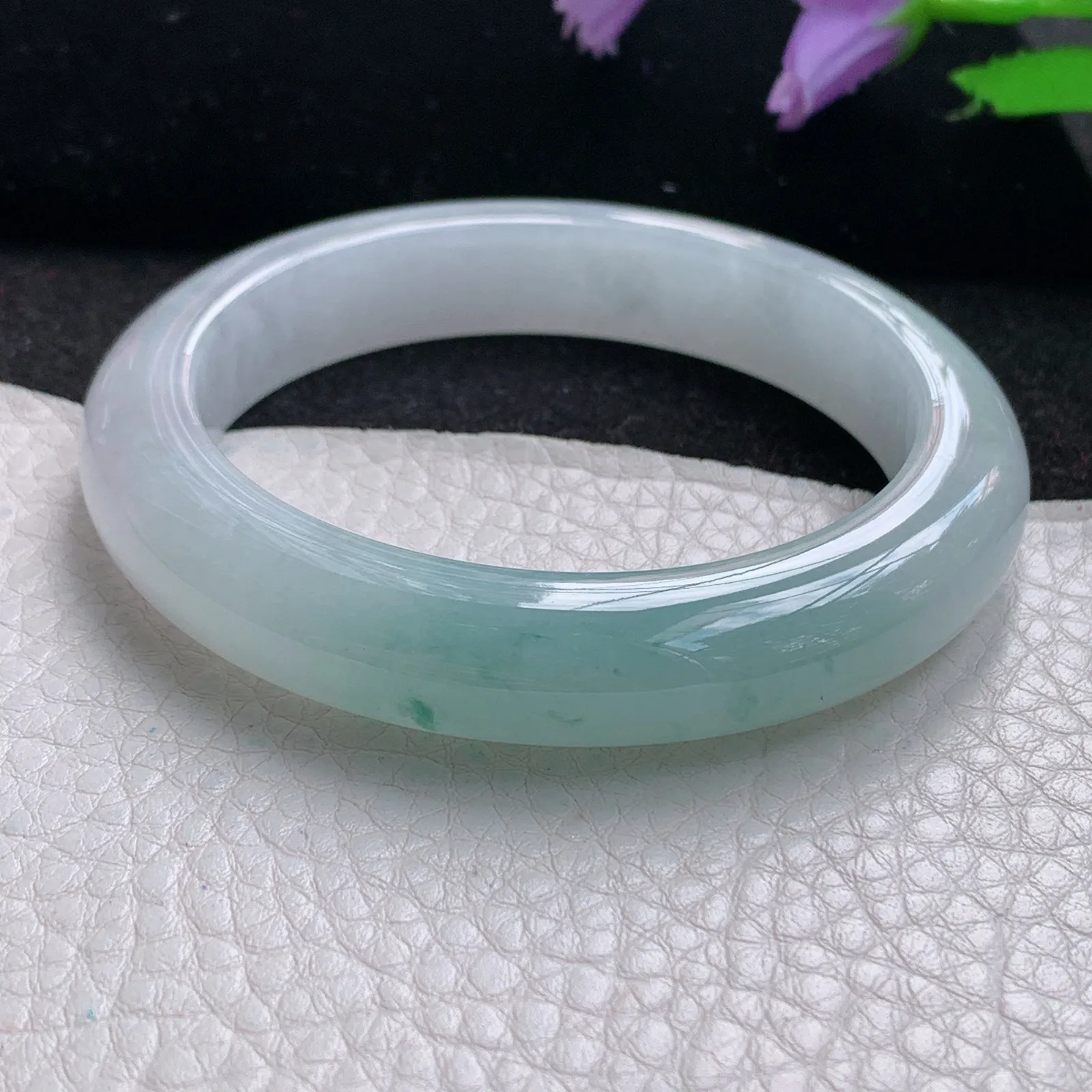 r自然光54.5*11.3*9平安镯 缅甸翡翠玉手镯冰胶蓝韵高档宽边玉手环 美人镯