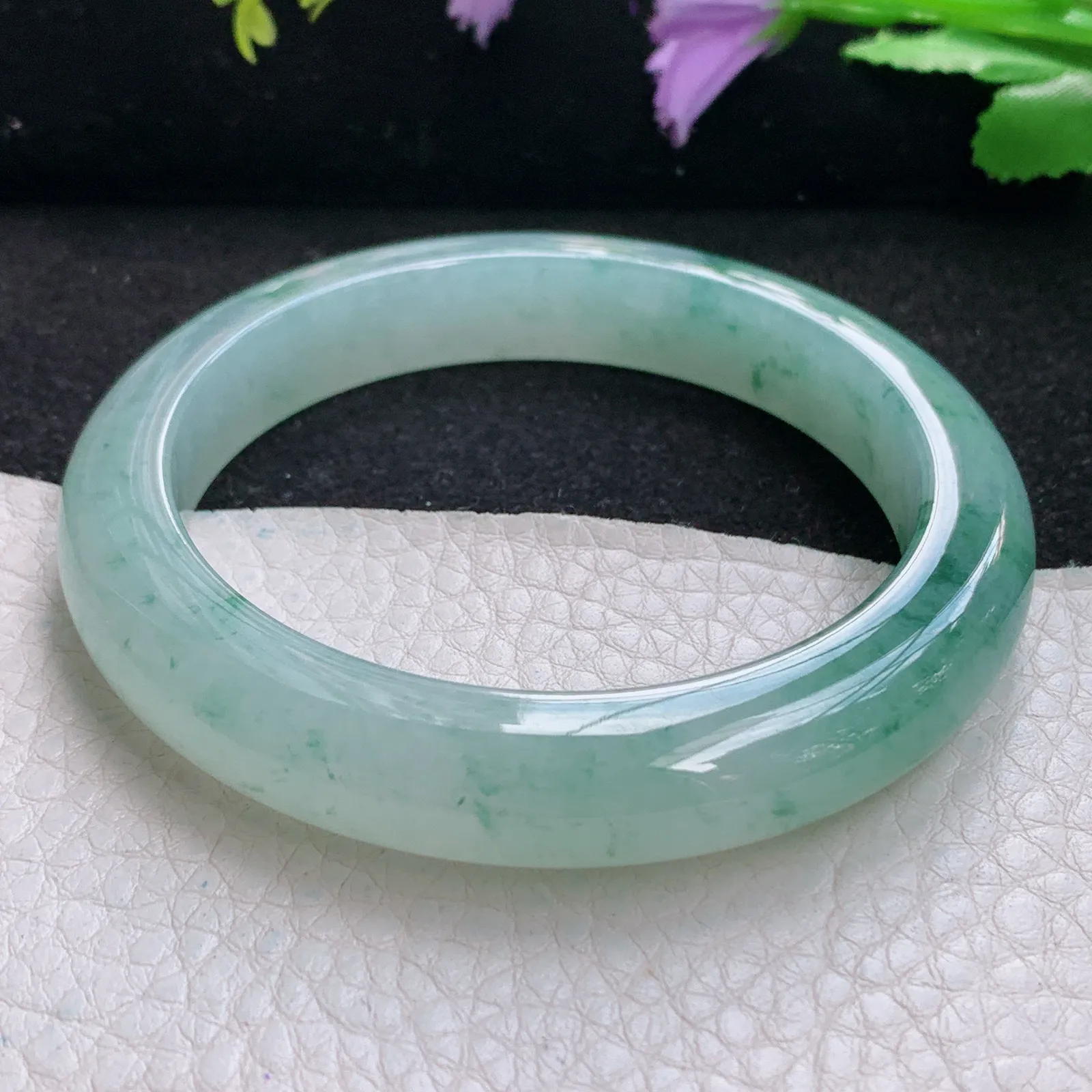 xh自然光56.5*11*9平安镯 缅甸翡翠a货玉手镯冰胶厚装飘花宽边玉手环