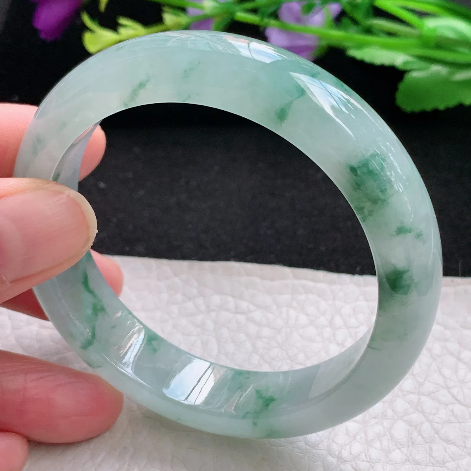 xh自然光55*13.5*8.2平安镯 缅甸翡翠a货玉手镯冰胶水灵飘花宽边玉手环