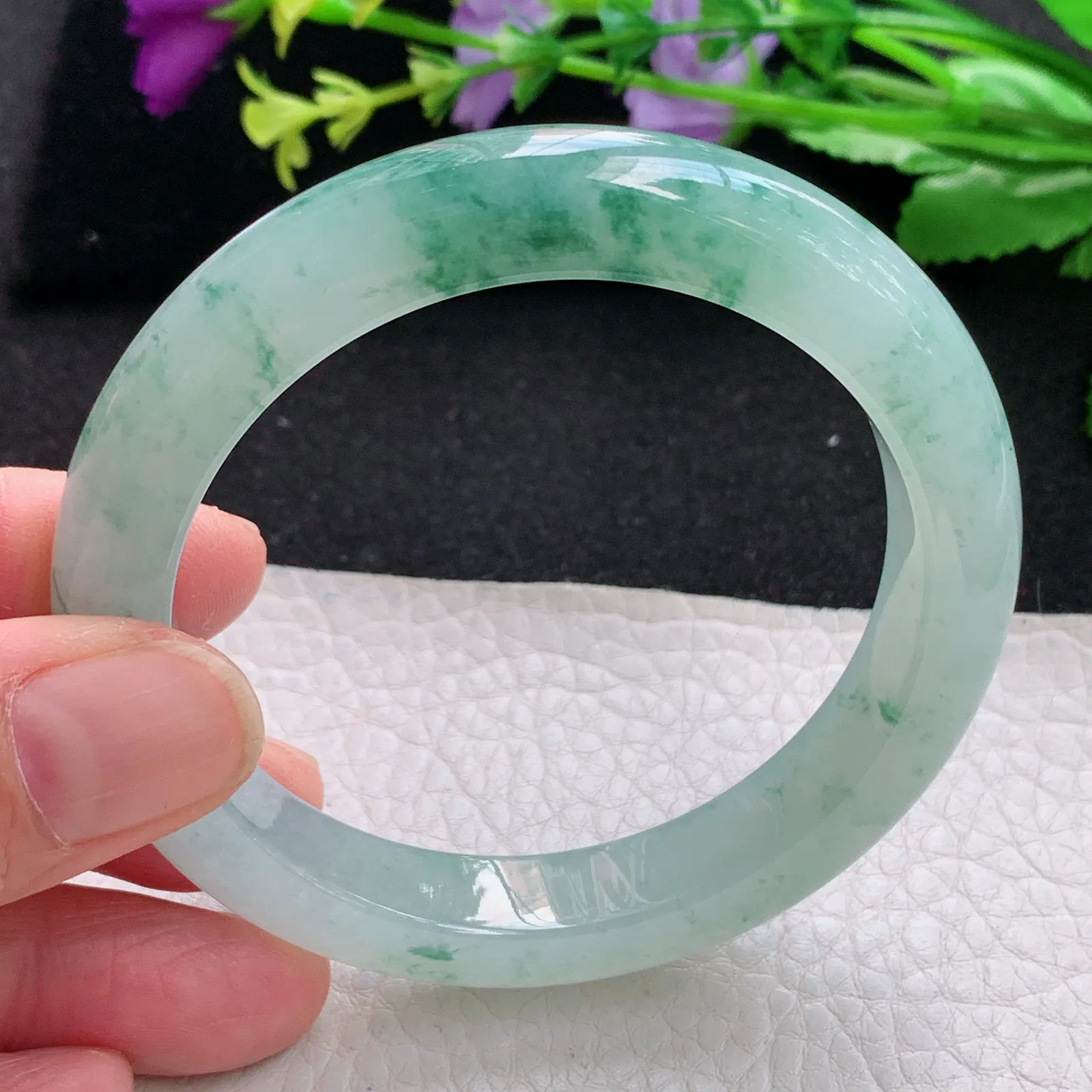 xh自然光56.5*11*9平安镯 缅甸翡翠a货玉手镯冰胶厚装飘花宽边玉手环