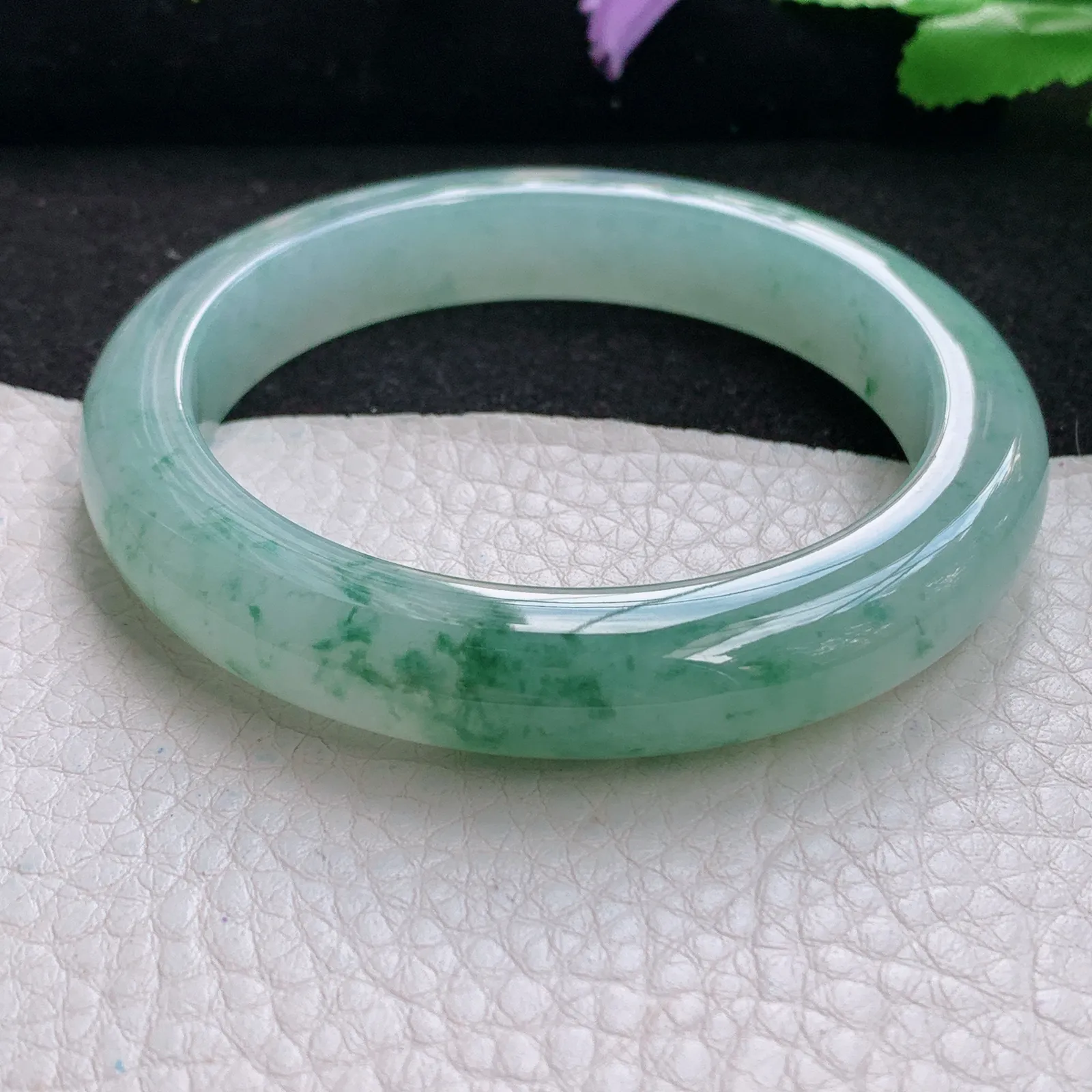 xh自然光56.5*11*9平安镯 缅甸翡翠a货玉手镯冰胶厚装飘花宽边玉手环