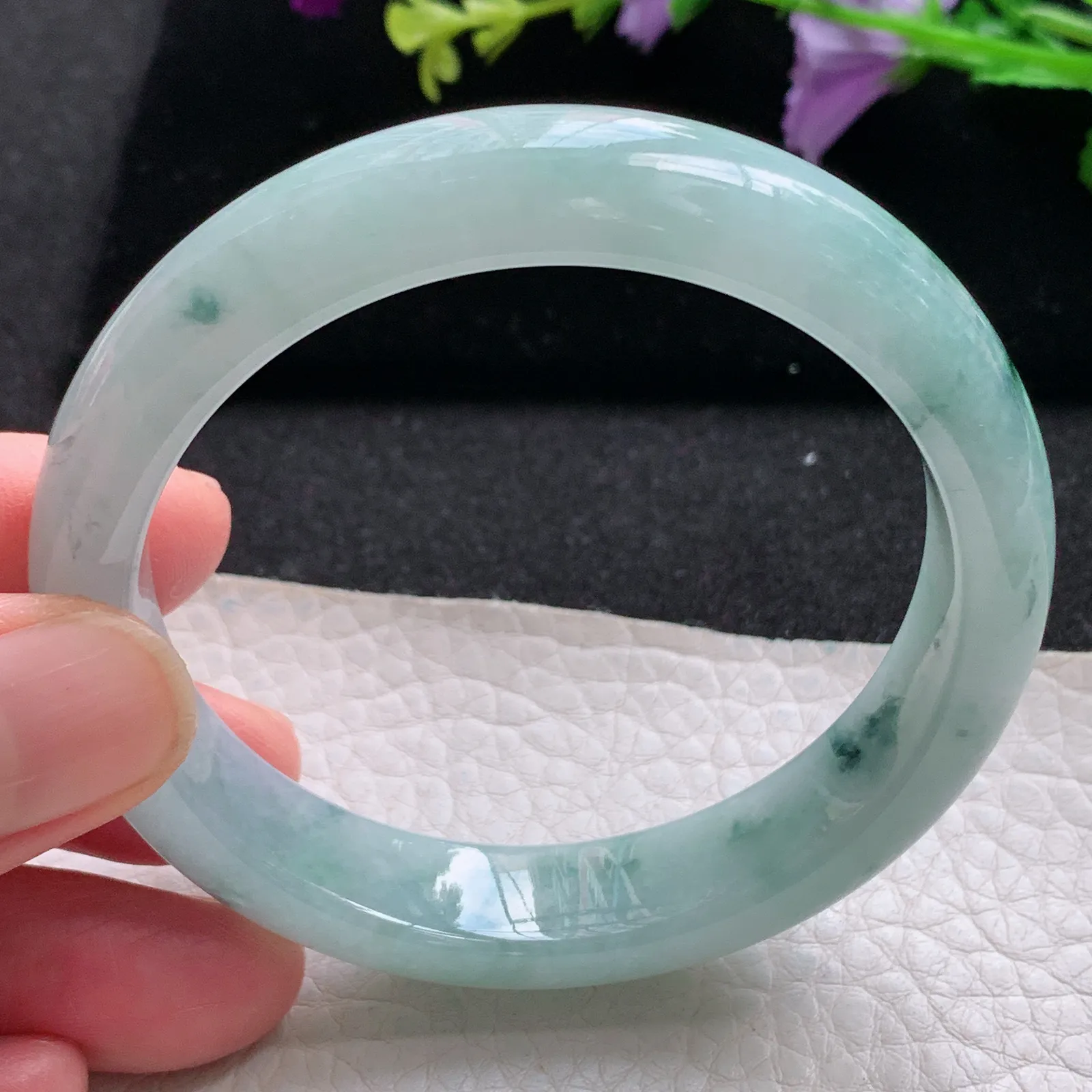 xx自然光56*13*7.7平安镯 缅甸翡翠a货玉手镯冰飘花厚装宽边玉手环