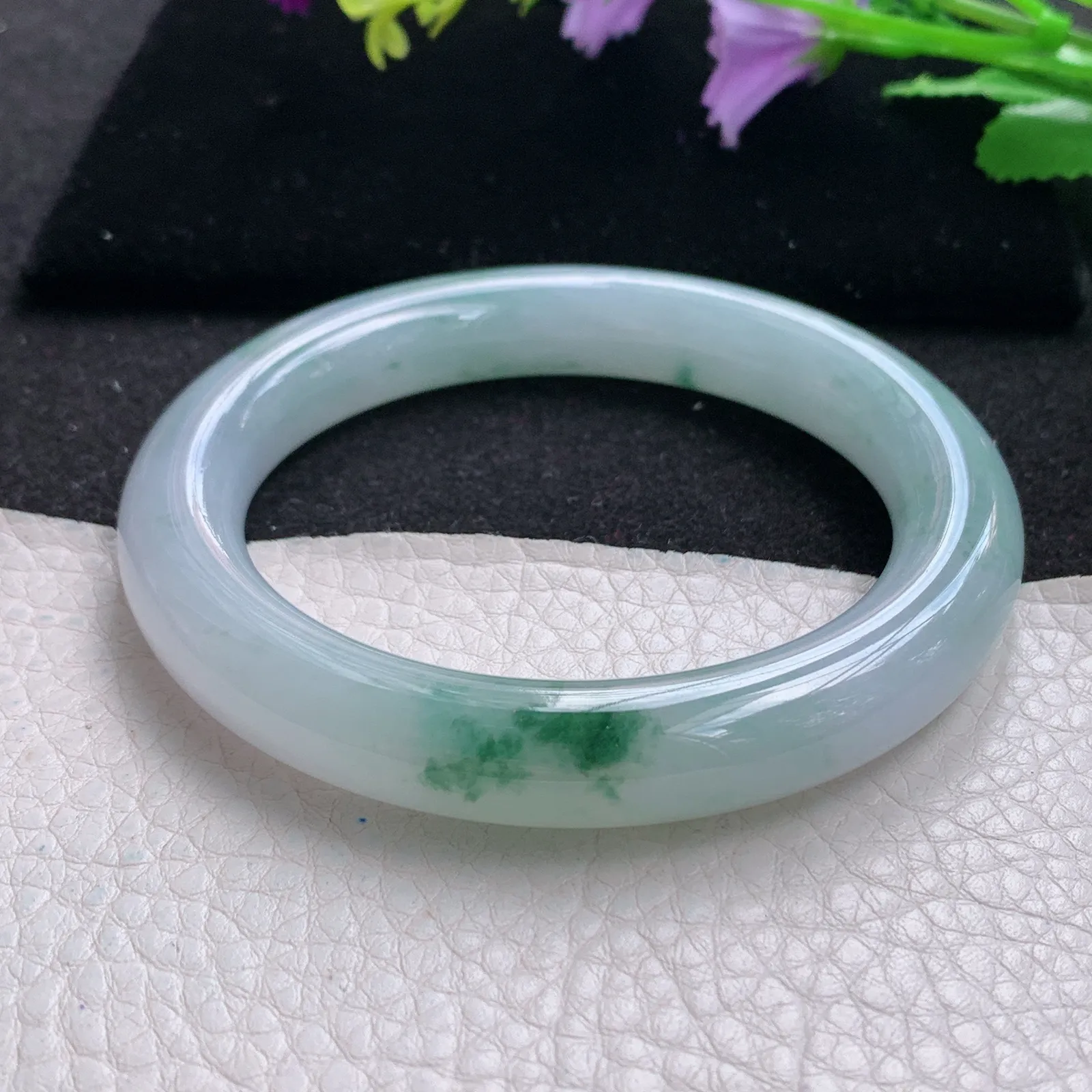 xh自然光57.5*11美人镯 缅甸翡翠a货玉手镯冰胶水灵飘花圆条玉手环 平安镯