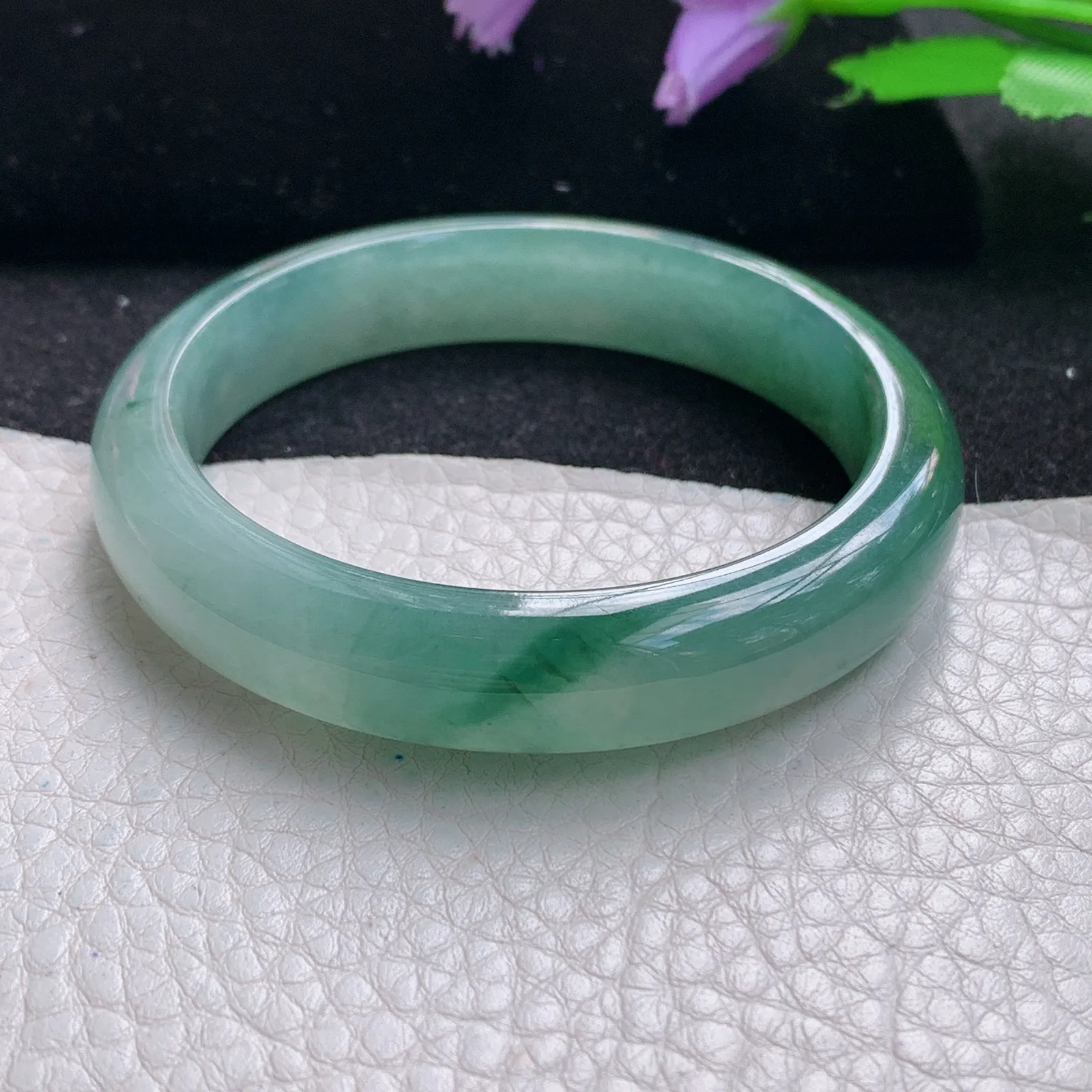 r小圈口53*11.6*7.8平安镯 缅甸翡翠玉手镯冰绿清新宽边玉手环 美人镯