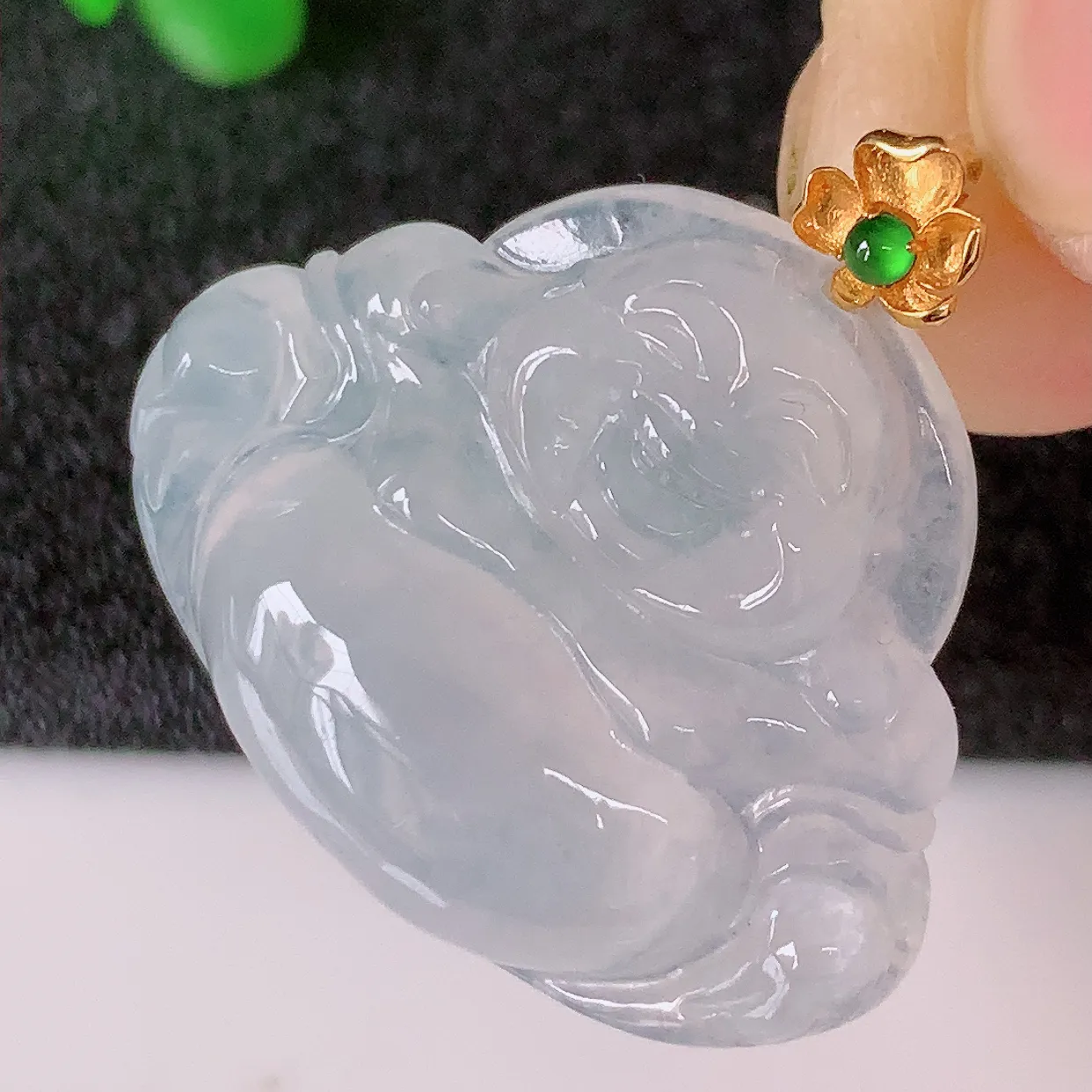 18K金镶嵌冰种翡翠佛公吊坠，玉笑佛，饱满，开脸喜庆，配戴优雅迷人！#49.17整体25.5裸石26.5*21*6.5