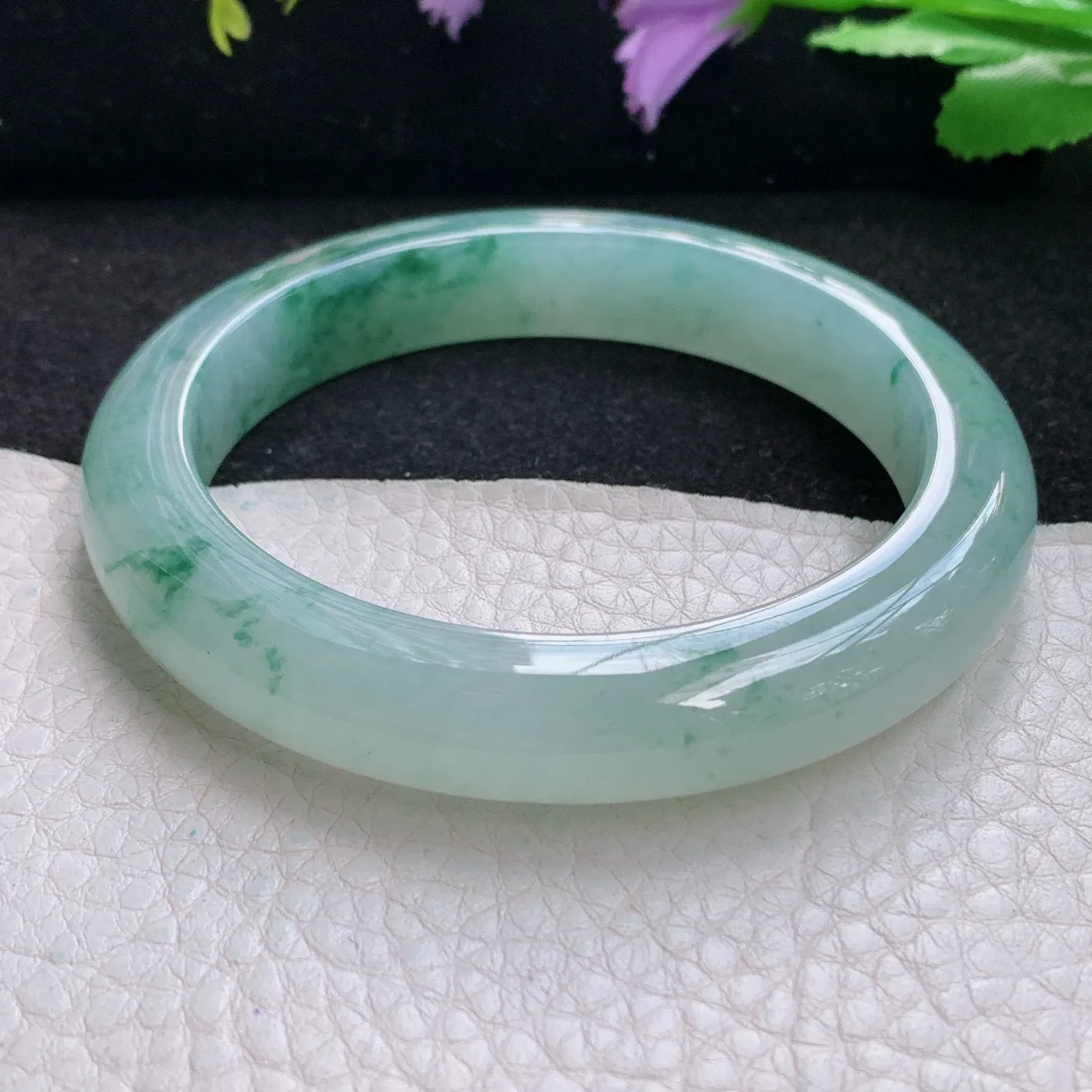 xh自然光56.5*11*9平安镯 缅甸翡翠a货玉手镯冰胶厚装飘花宽边玉手环