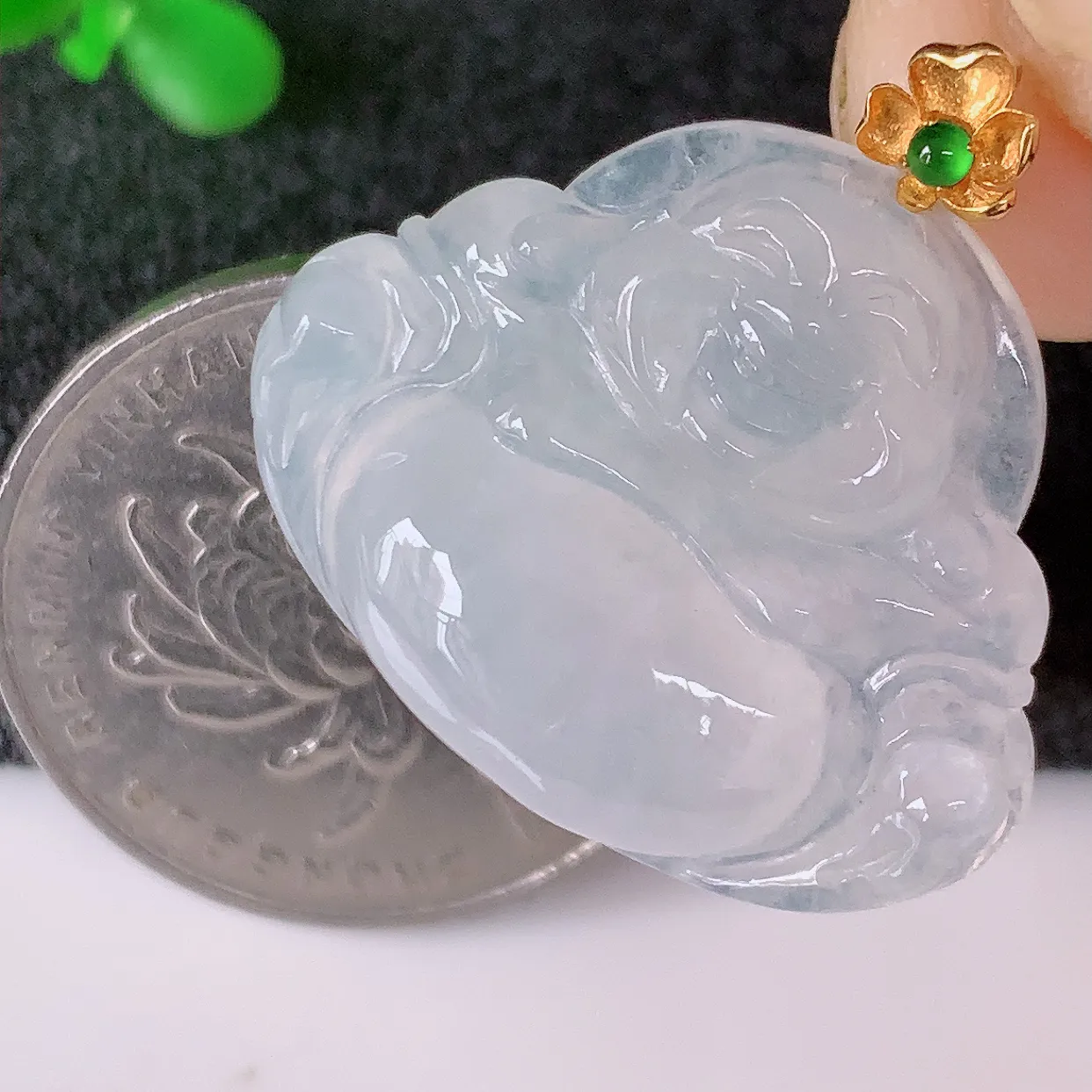 18K金镶嵌冰种翡翠佛公吊坠，玉笑佛，饱满，开脸喜庆，配戴优雅迷人！#49.17整体25.5裸石26.5*21*6.5