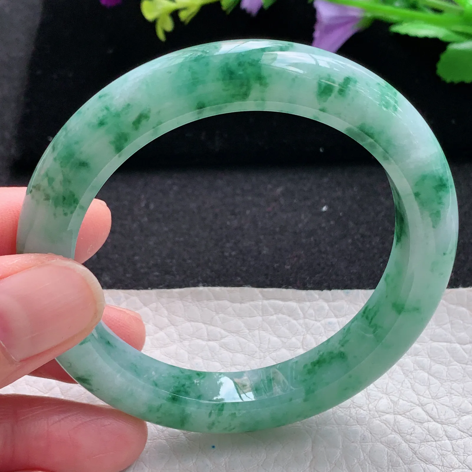 pj自然光54.5*10.2*9.2平安镯 缅甸翡翠a货玉手镯冰飘花水灵宽边玉手环