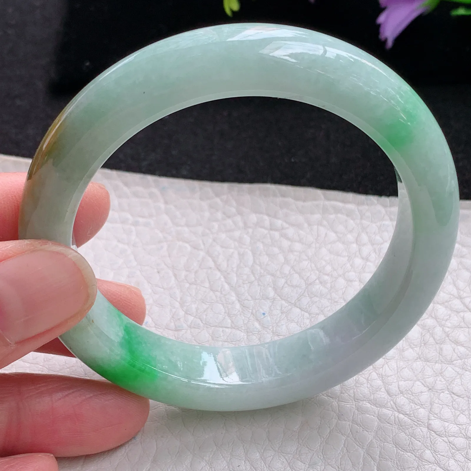 mq自然光56*12.8*8.8平安镯 缅甸翡翠玉手镯水润三彩厚装玉手环