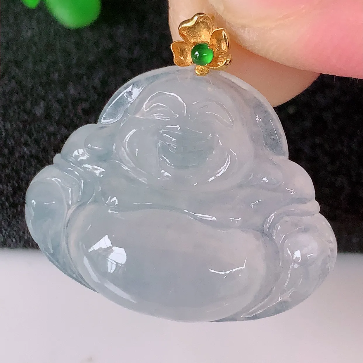 18K金镶嵌冰种翡翠佛公吊坠，玉笑佛，饱满，开脸喜庆，配戴优雅迷人！#49.17整体25.5裸石26.5*21*6.5