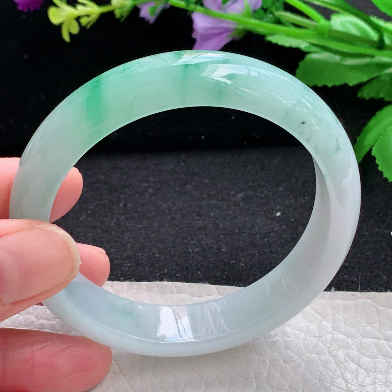 xh自然光56.5*13.5*7.7平安镯 缅甸翡翠a货玉手镯冰飘绿花水灵宽边玉手环