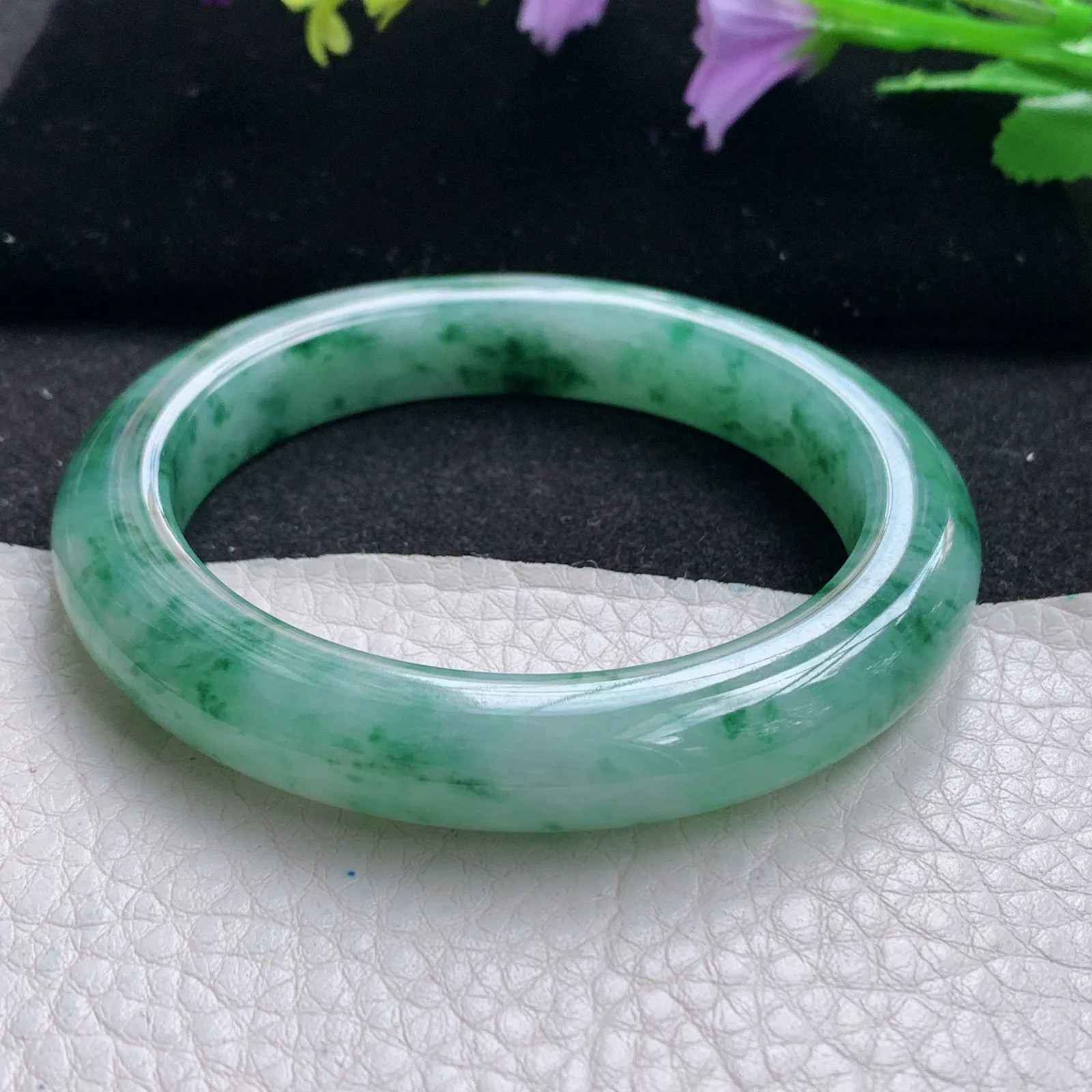 pj自然光54.5*10.2*9.2平安镯 缅甸翡翠a货玉手镯冰飘花水灵宽边玉手环