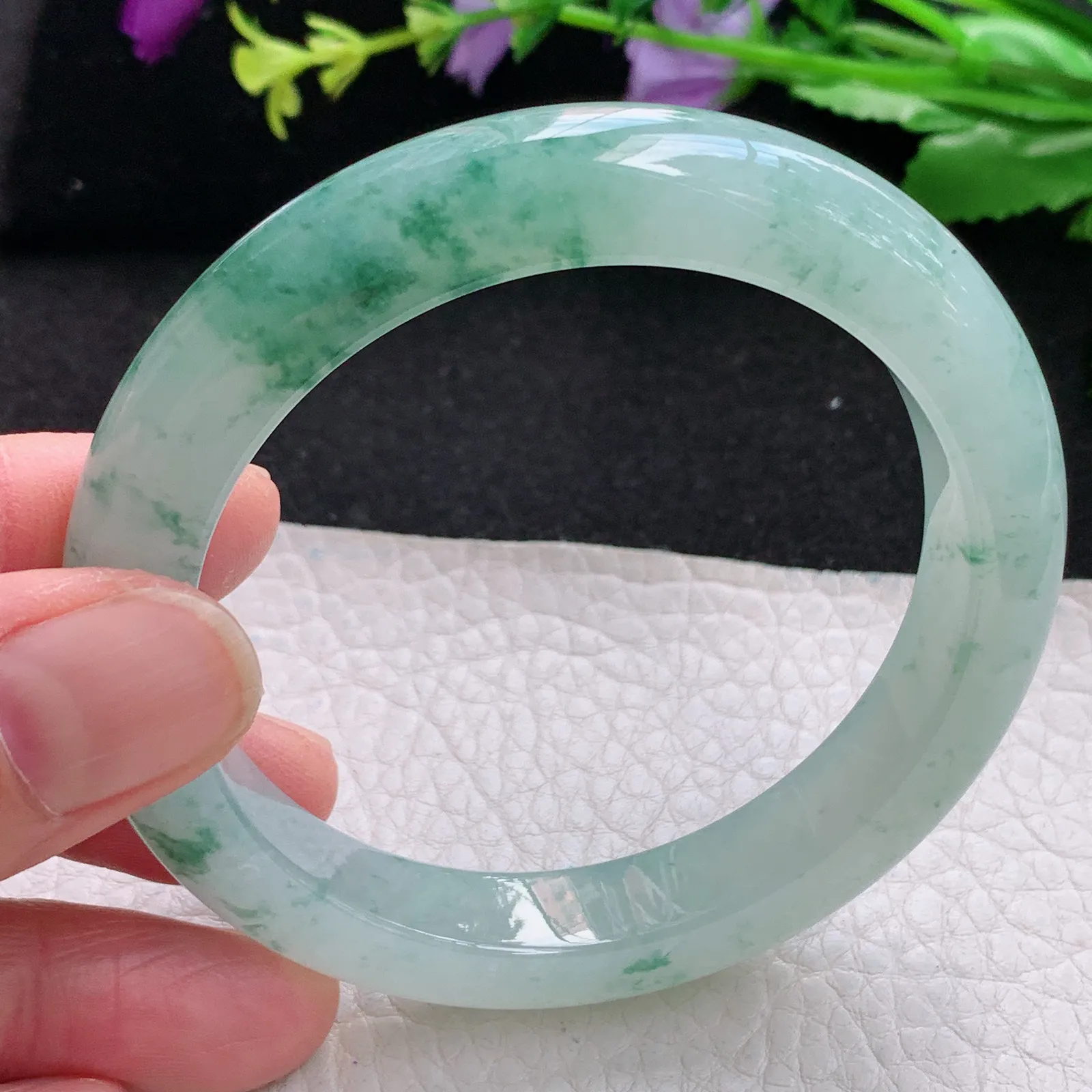 xh自然光56.5*11*9平安镯 缅甸翡翠a货玉手镯冰胶厚装飘花宽边玉手环