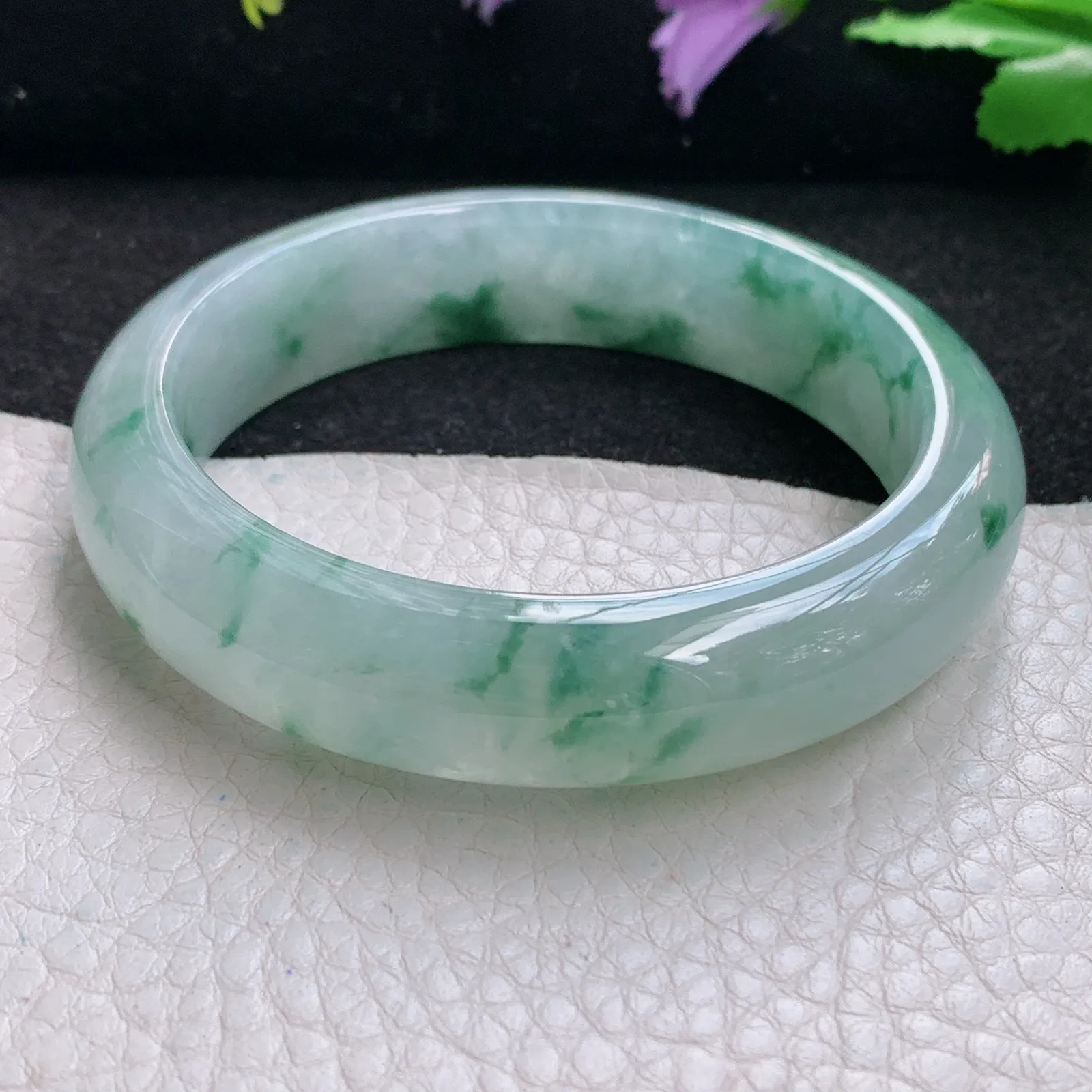 xh自然光55*13.5*8.2平安镯 缅甸翡翠a货玉手镯冰胶水灵飘花宽边玉手环