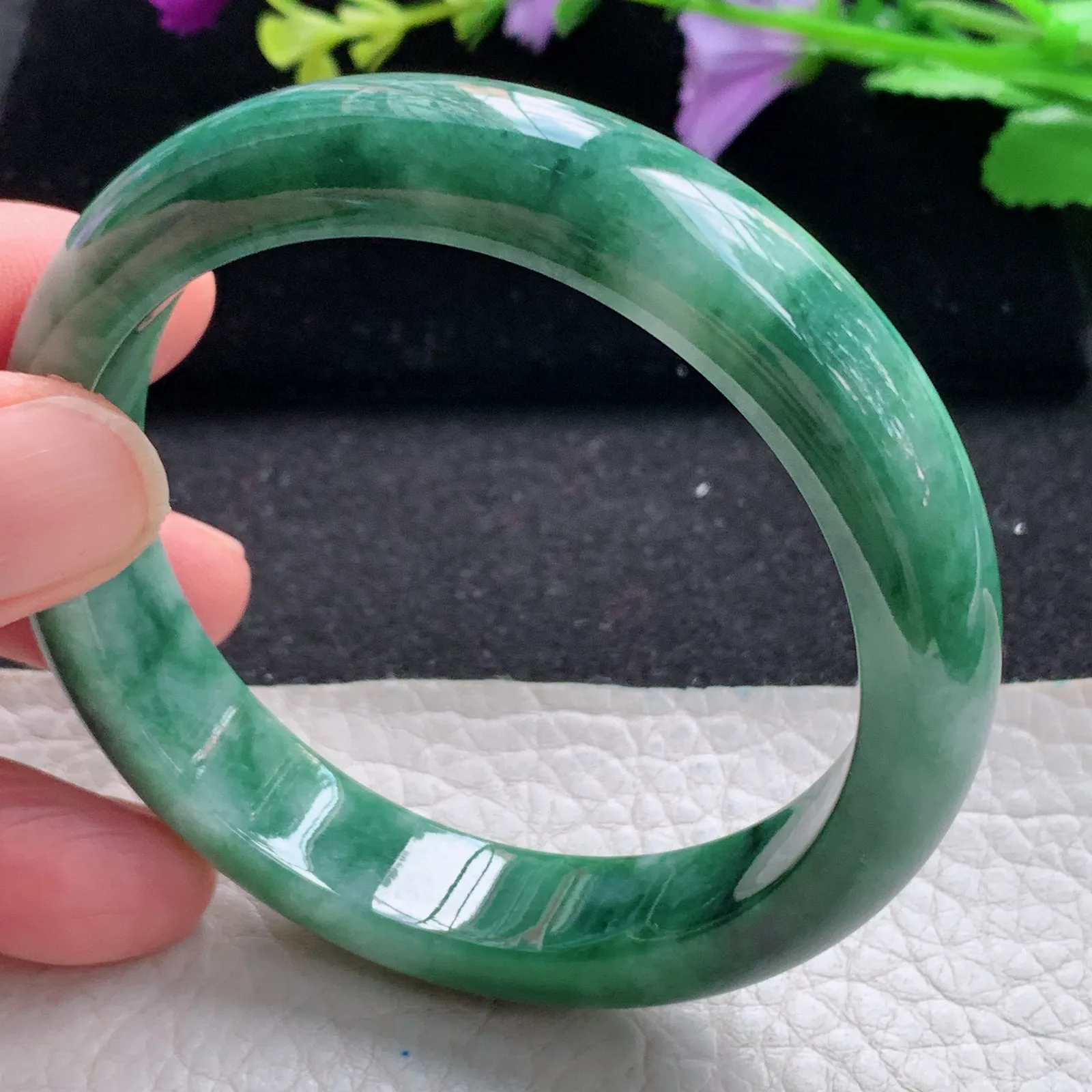 pj自然光57*12.6*7.8平安镯 缅甸翡翠a货玉手镯飘花韵味宽边玉手环