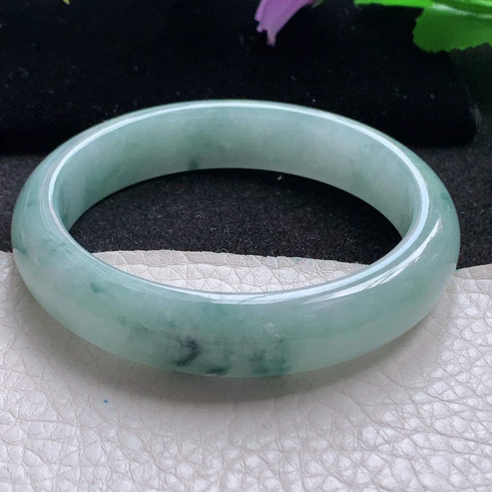 xx自然光56*13*7.7平安镯 缅甸翡翠a货玉手镯冰飘花厚装宽边玉手环