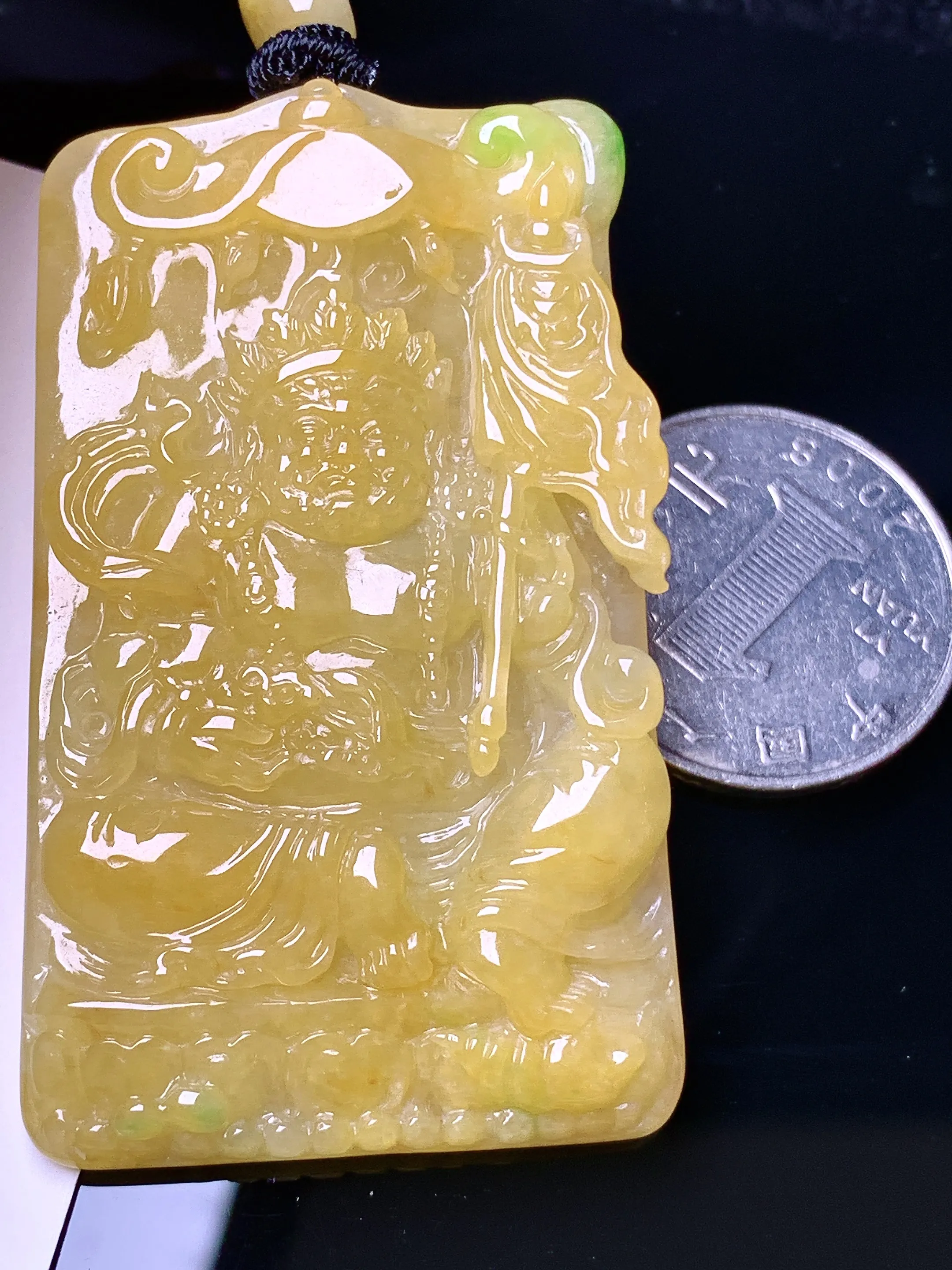 黄翡黄财神吊坠 玉质细腻 色泽清新艳丽 整体尺寸57.2*34.6*7.5