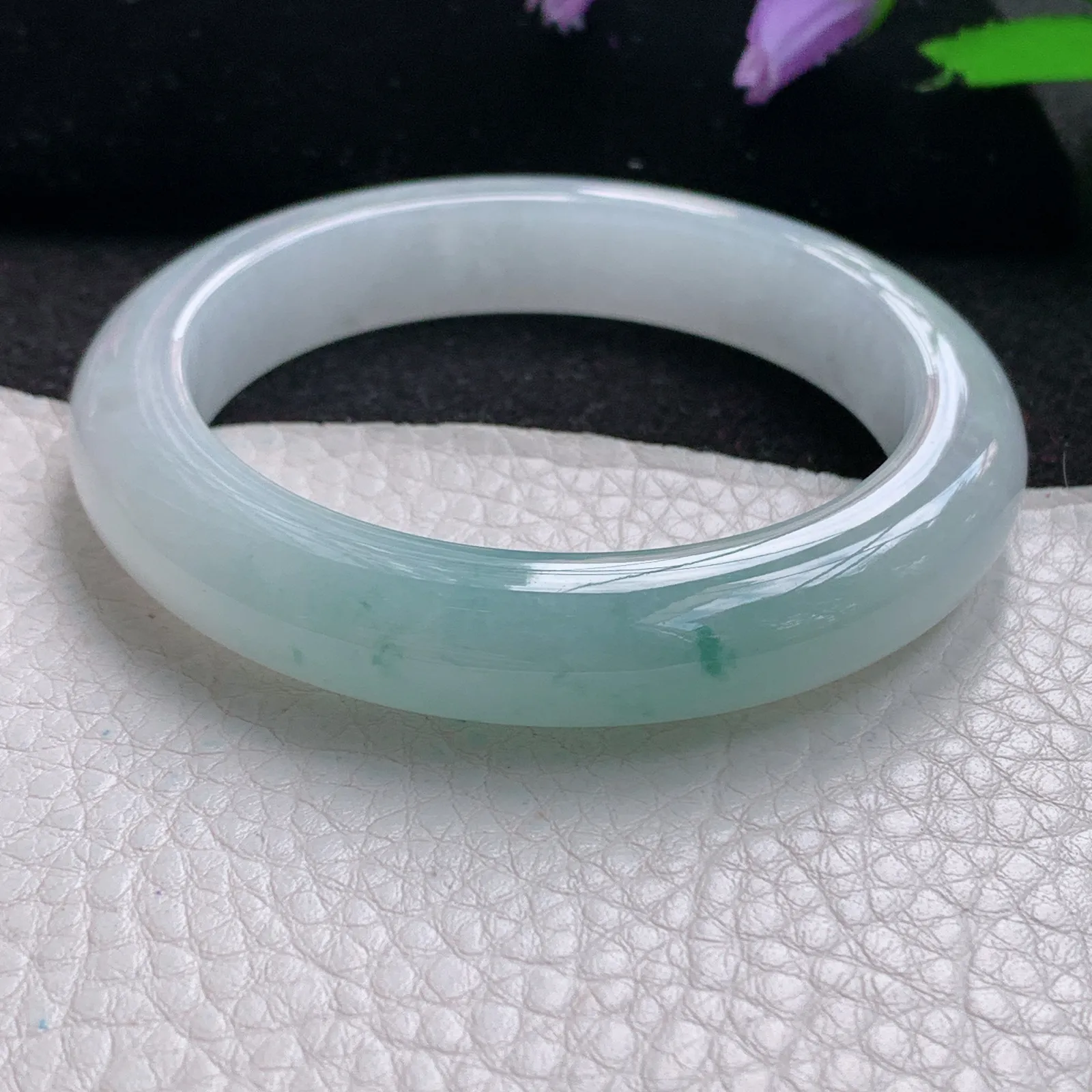 r自然光54.5*11.3*9平安镯 缅甸翡翠玉手镯冰胶蓝韵高档宽边玉手环 美人镯