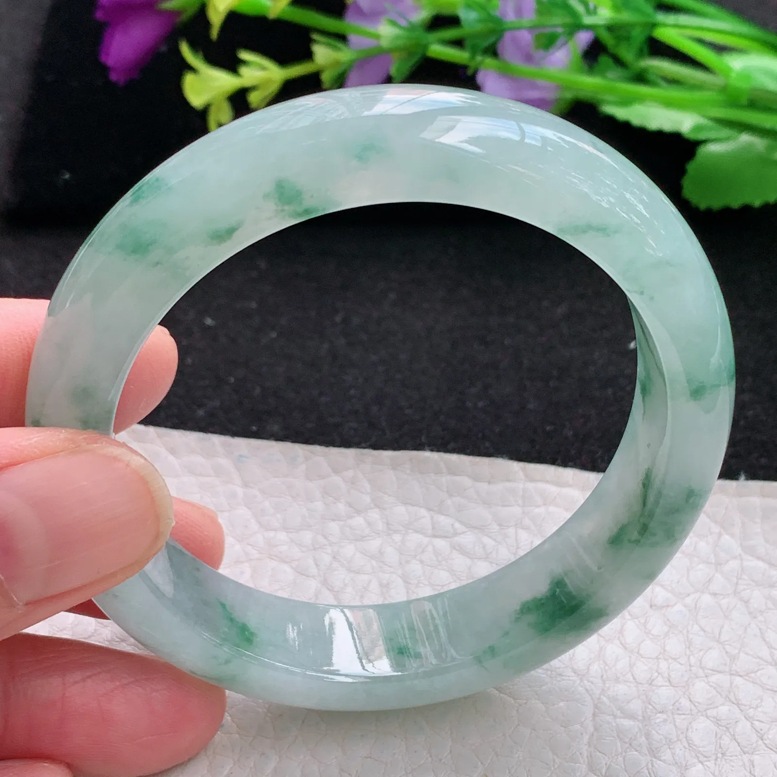 xh自然光55*13.5*8.2平安镯 缅甸翡翠a货玉手镯冰胶水灵飘花宽边玉手环