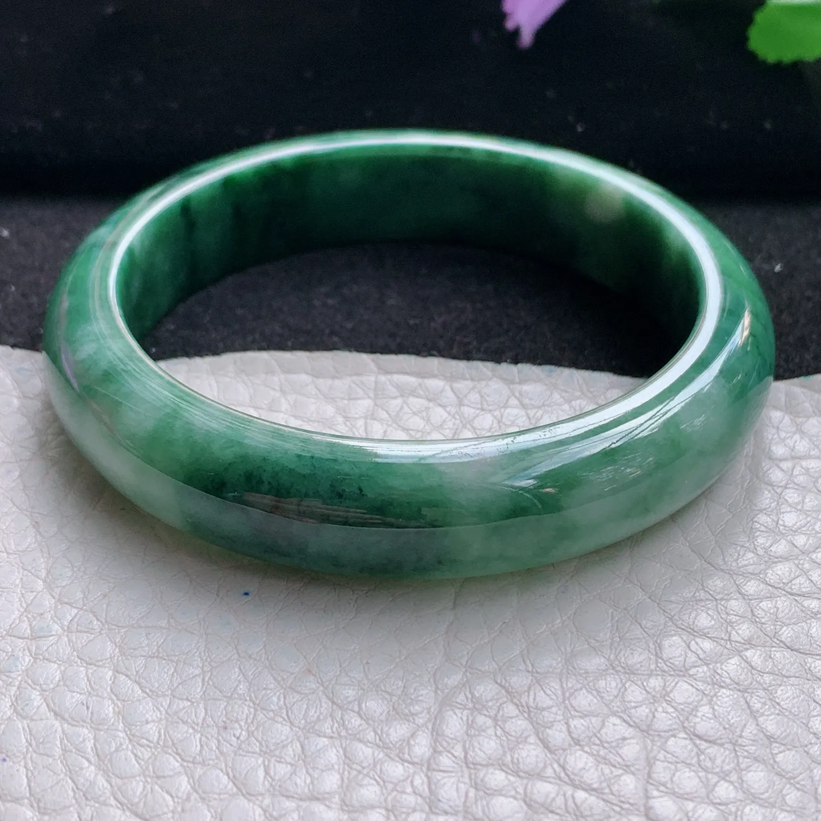 pj自然光57*12.6*7.8平安镯 缅甸翡翠a货玉手镯飘花韵味宽边玉手环