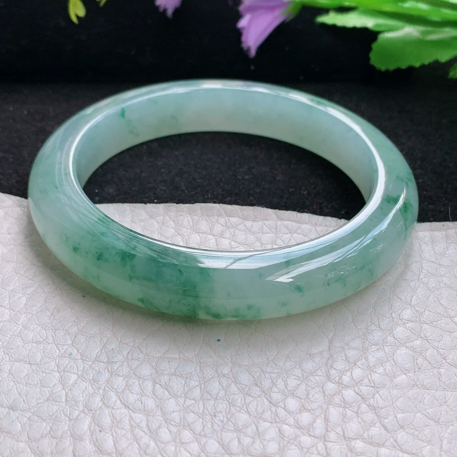 xh自然光56.5*11*9平安镯 缅甸翡翠a货玉手镯冰胶厚装飘花宽边玉手环