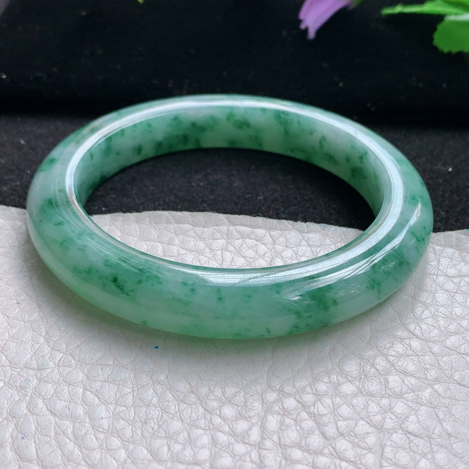 pj自然光54.5*10.2*9.2平安镯 缅甸翡翠a货玉手镯冰飘花水灵宽边玉手环