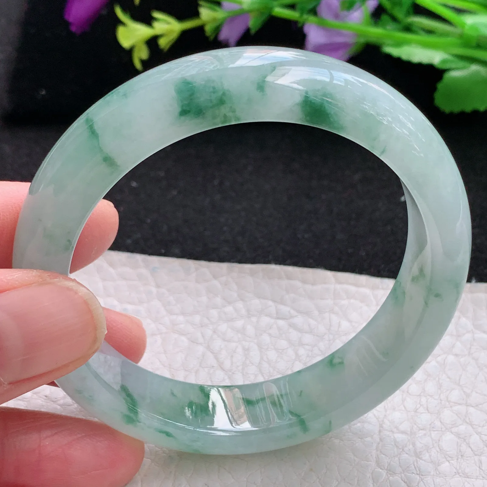 xh自然光55*13.5*8.2平安镯 缅甸翡翠a货玉手镯冰胶水灵飘花宽边玉手环