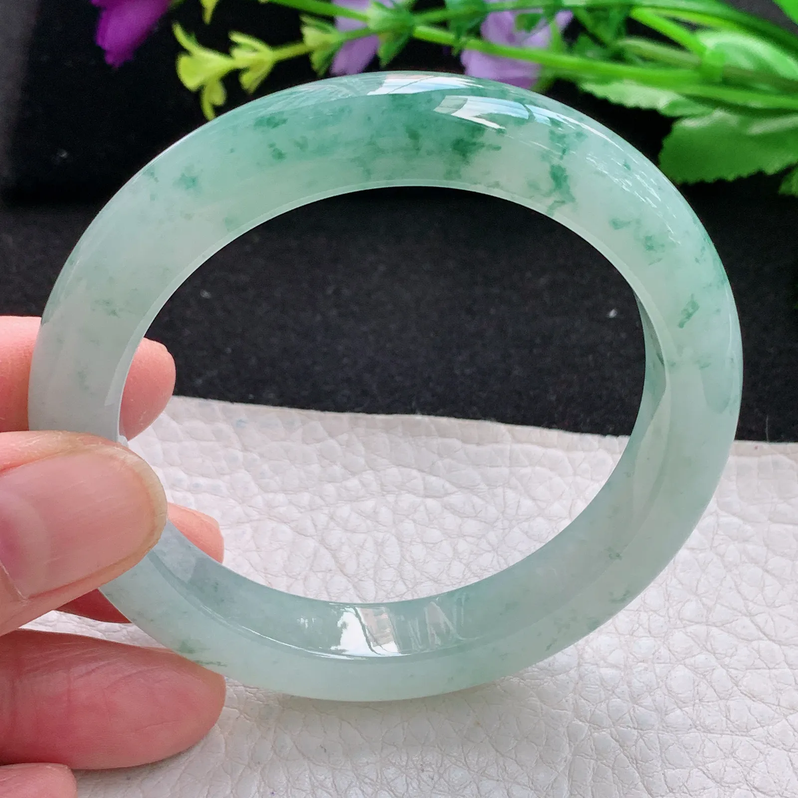 xh自然光56.5*11*9平安镯 缅甸翡翠a货玉手镯冰胶厚装飘花宽边玉手环