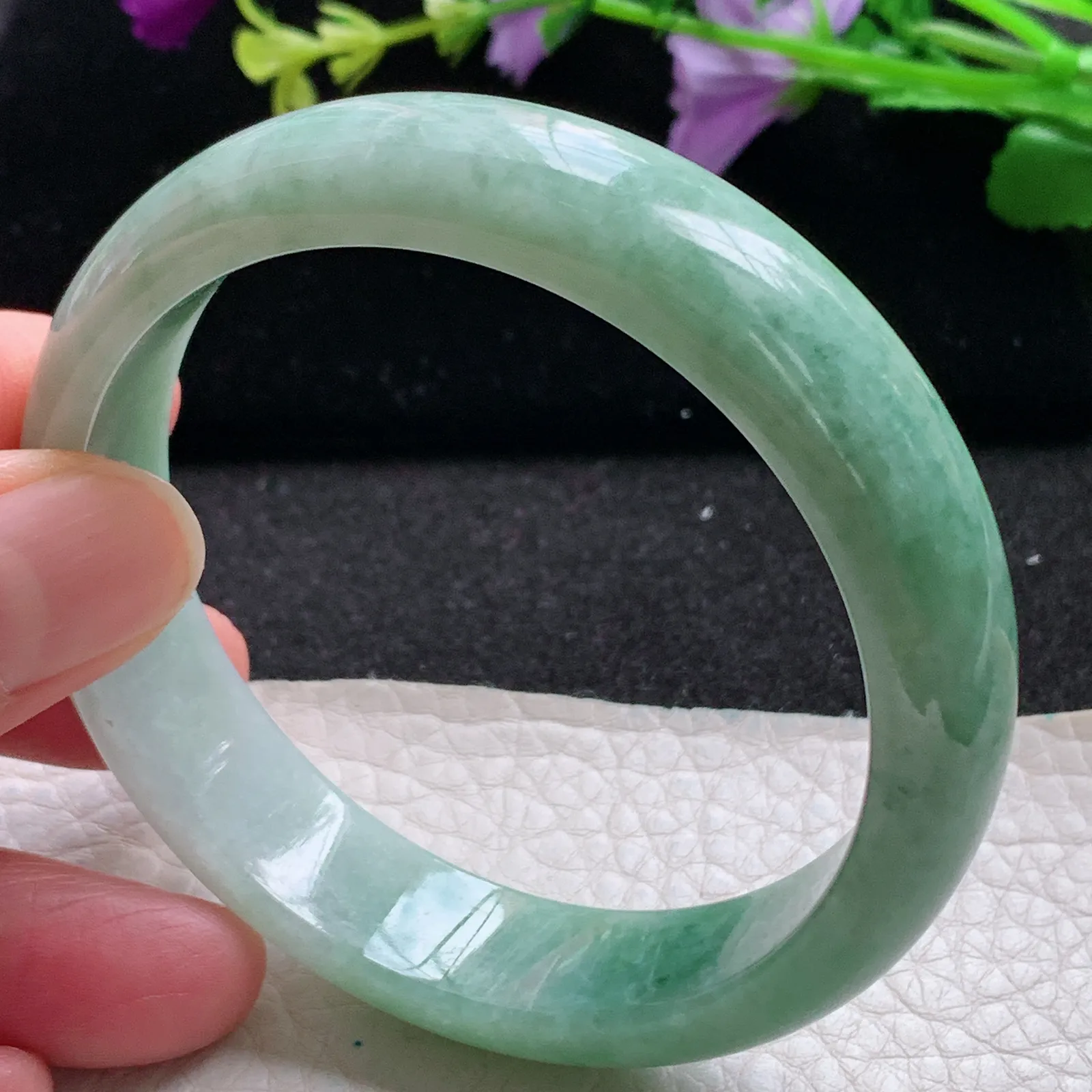 xx自然光57.5*14*7.2平安镯 缅甸翡翠a货玉手镯飘绿宽边玉手环