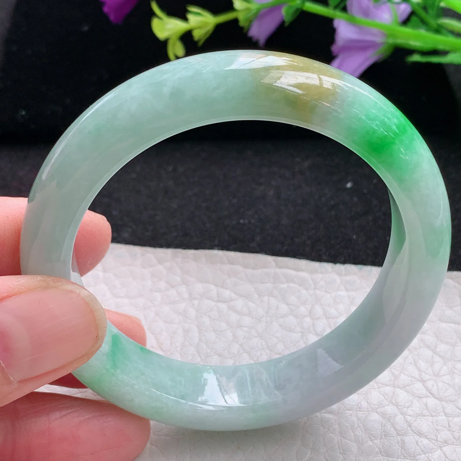 mq自然光53*12.8*8平安镯 缅甸翡翠玉手镯水润三彩厚装玉手环