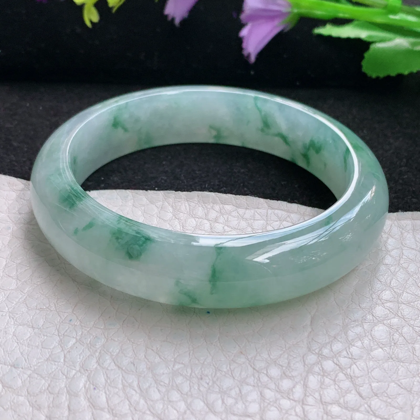 xh自然光55*13.5*8.2平安镯 缅甸翡翠a货玉手镯冰胶水灵飘花宽边玉手环
