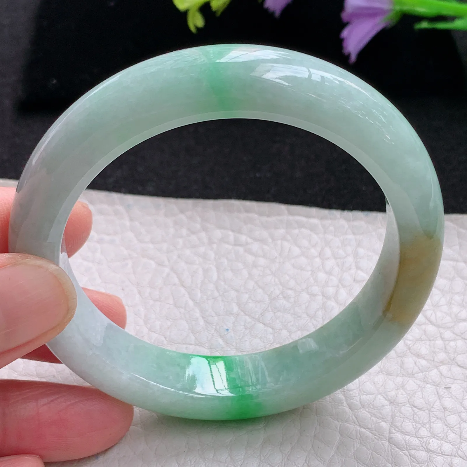 mq自然光56*12.8*8.8平安镯 缅甸翡翠玉手镯水润三彩厚装玉手环