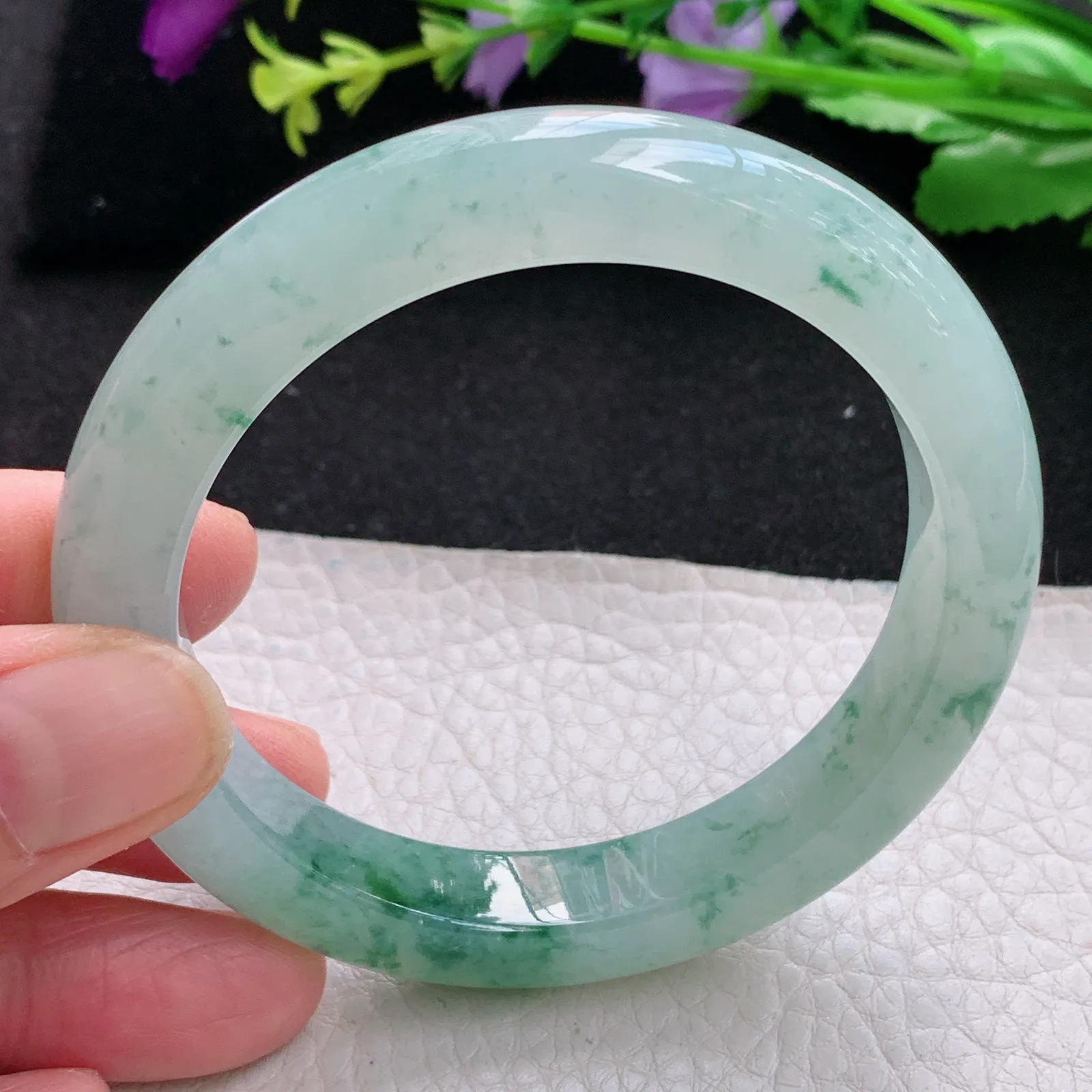 xh自然光56.5*11*9平安镯 缅甸翡翠a货玉手镯冰胶厚装飘花宽边玉手环