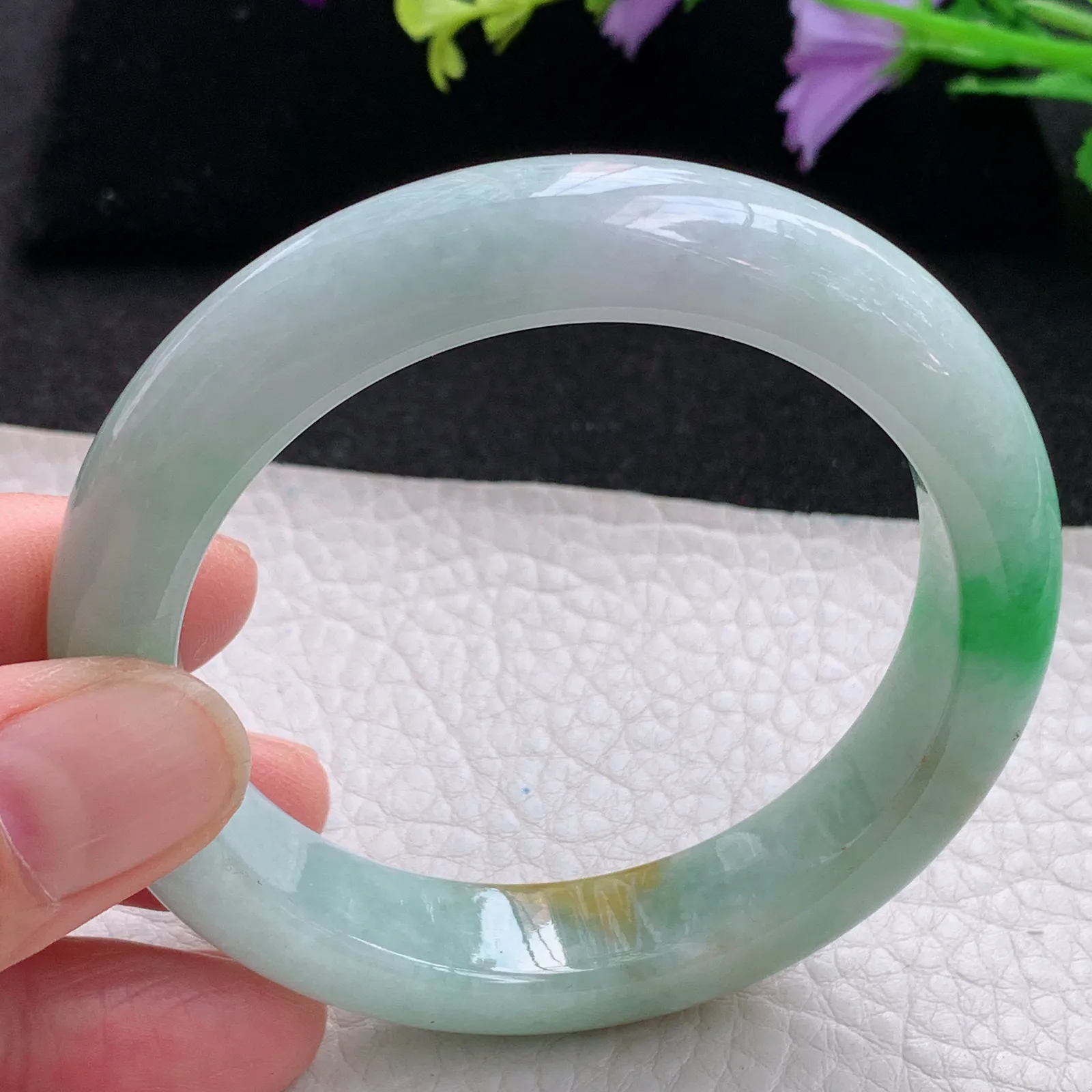 mq自然光56*12.8*8.8平安镯 缅甸翡翠玉手镯水润三彩厚装玉手环