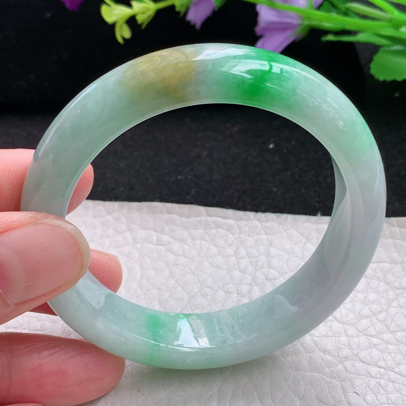 mq自然光53*12.8*8平安镯 缅甸翡翠玉手镯水润三彩厚装玉手环