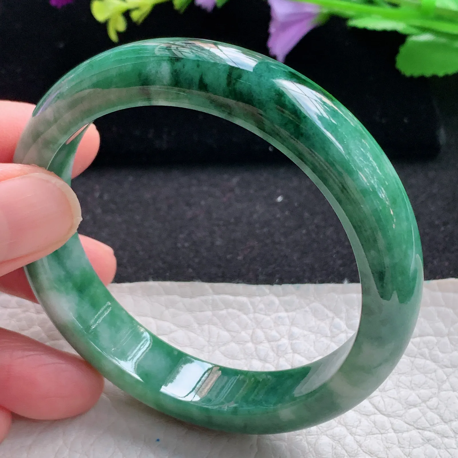 pj自然光57*12.6*7.8平安镯 缅甸翡翠a货玉手镯飘花韵味宽边玉手环