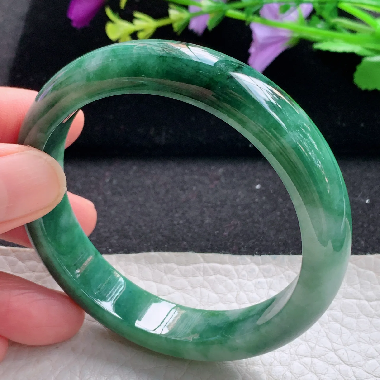 pj自然光57*12.6*7.8平安镯 缅甸翡翠a货玉手镯飘花韵味宽边玉手环