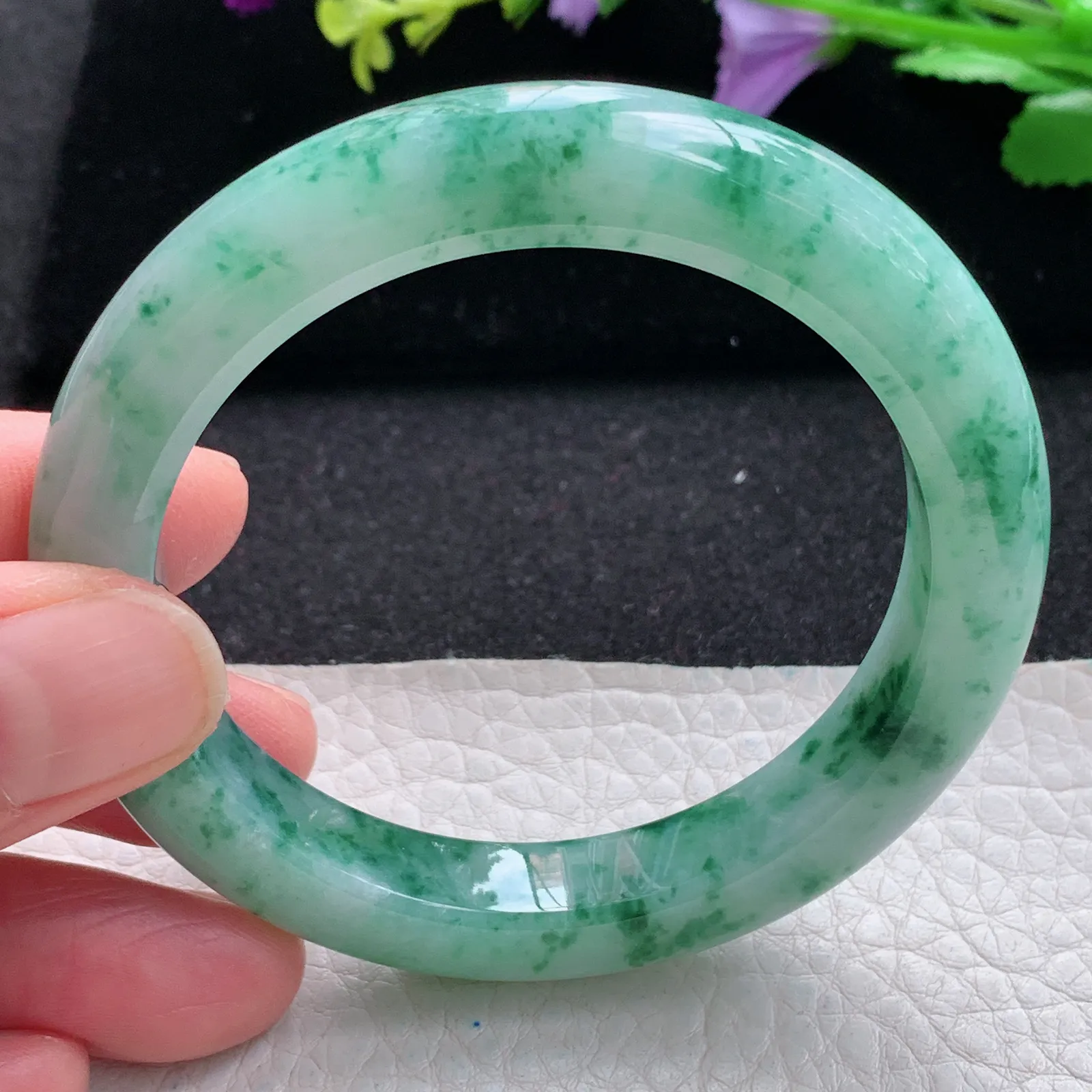 pj自然光54.5*10.2*9.2平安镯 缅甸翡翠a货玉手镯冰飘花水灵宽边玉手环